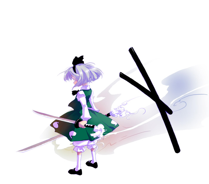 kiriu, konpaku youmu, konpaku youmu (ghost), touhou, 1girl, bloomers, female focus, from behind, hairband, hitodama, katana, sheath, solo, sword, underwear, weapon, white bloomers, white hair