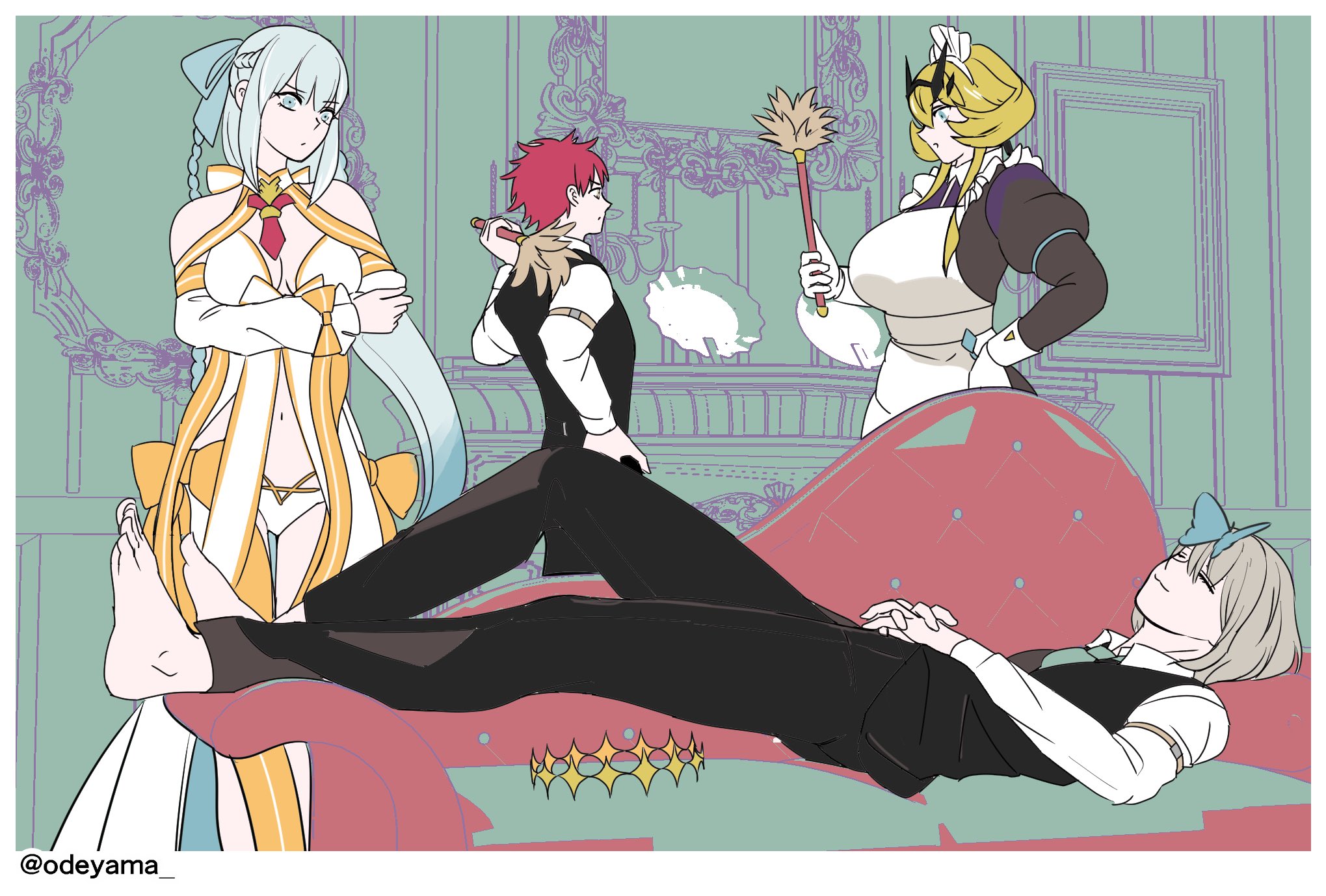 odeyama, barghest (fate), barghest (swimsuit archer) (second ascension) (fate), morgan le fay (fate), morgan le fay (water princess) (fate), oberon (fate), fate/grand order, fate (series), highres, 2boys, 2girls, apron, artist name, blonde hair, blue eyes, bow, brown hair, bug, butterfly, closed eyes, hair between eyes, hair bow, insect, long hair, maid apron, multiple boys, multiple girls, ponytail, red hair, short hair, swimsuit, very long hair, vest, white hair