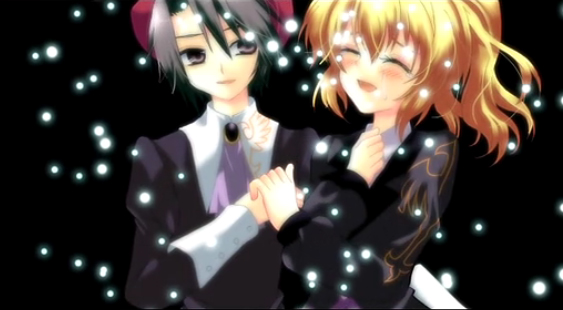 ico (pekoguest), kanon (umineko), ushiromiya jessica, umineko no naku koro ni, 00s, 1boy, 1girl, ascot, beret, black background, black hair, blonde hair, blush, brown eyes, hat, hetero, holding hands, short hair