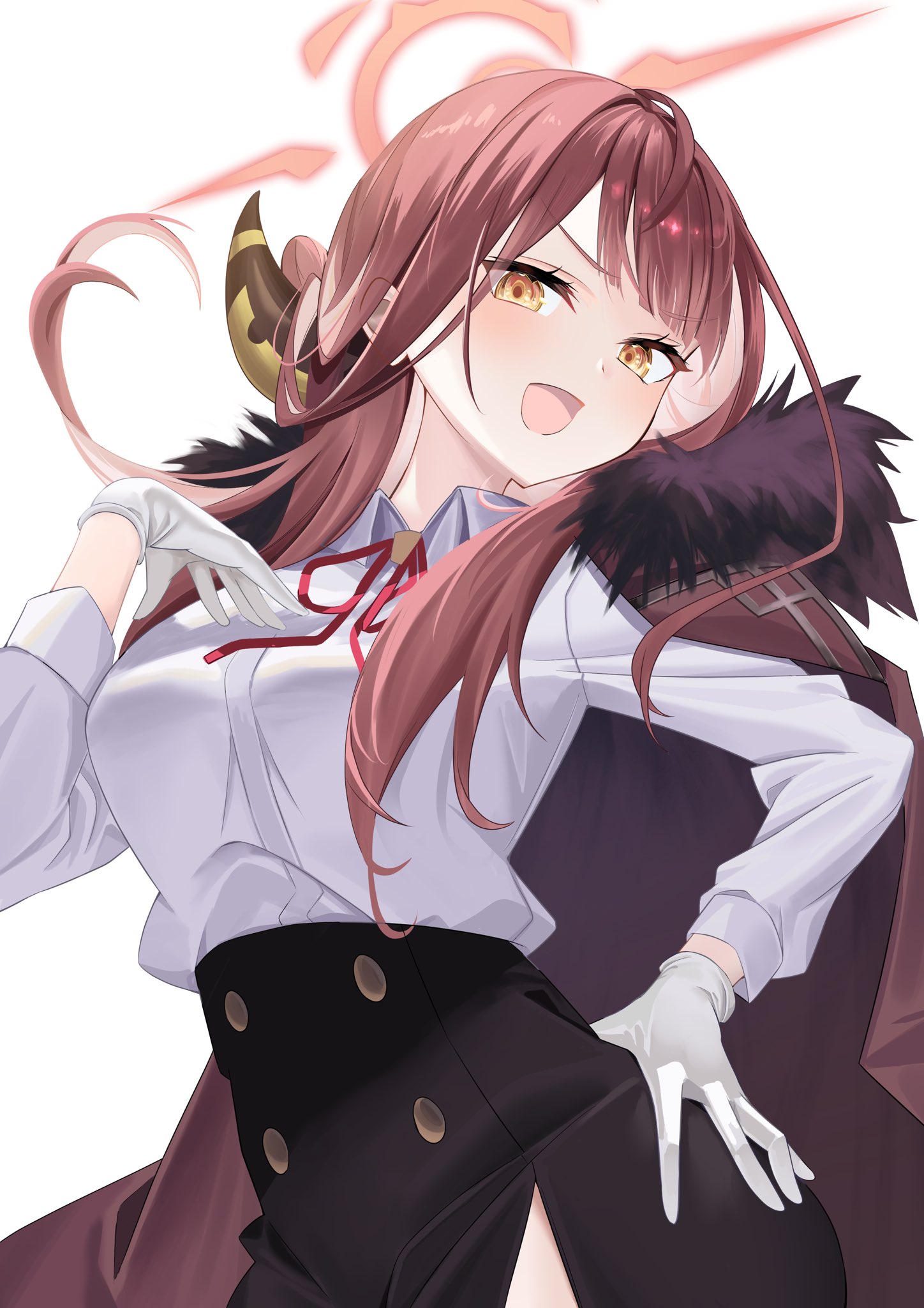 tenki nori, aru (blue archive), blue archive, commentary, highres, 1girl, :d, black skirt, blunt bangs, blush, buttons, coat, coat on shoulders, collared shirt, cowboy shot, curved horns, demon girl, demon horns, double-breasted, dress shirt, eyelashes, floating hair, fur-trimmed coat, fur trim, gloves, hair on horn, halo, hand on own hip, hand up, high-waist skirt, horns, long hair, long sleeves, looking at viewer, neck ribbon, open mouth, pink hair, pink halo, red ribbon, ribbon, school uniform, shirt, simple background, skirt, smile, smug, solo, tsurime, v-shaped eyebrows, white background, white gloves, white shirt, yellow eyes