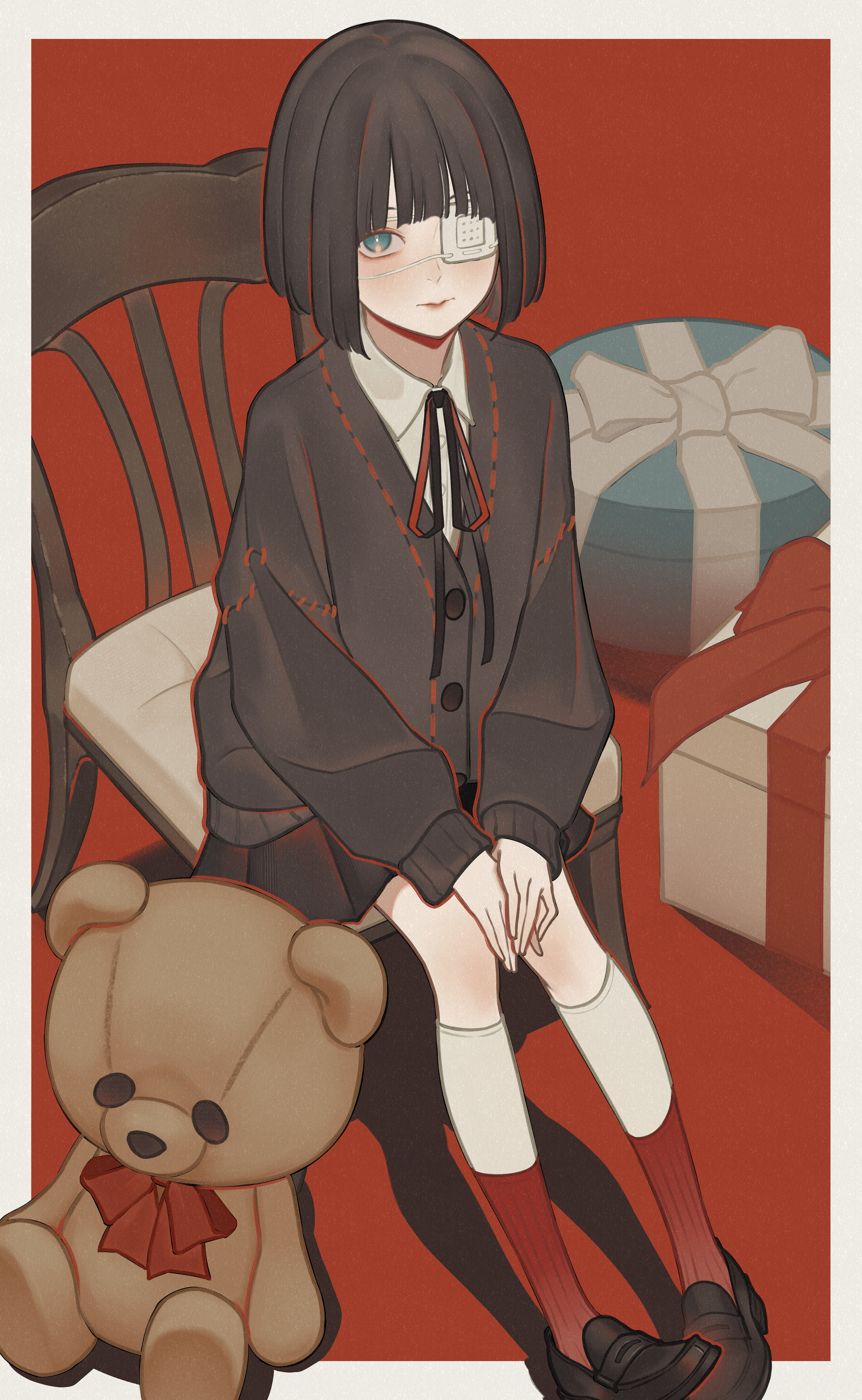 zudxpnz, original, absurdres, highres, 1girl, black hair, black nails, blue eyes, box, cardigan, chair, eyepatch, gift, gift box, light smile, loafers, looking at viewer, shoes, short hair, sitting, skirt, solo, stuffed animal, stuffed toy, teddy bear