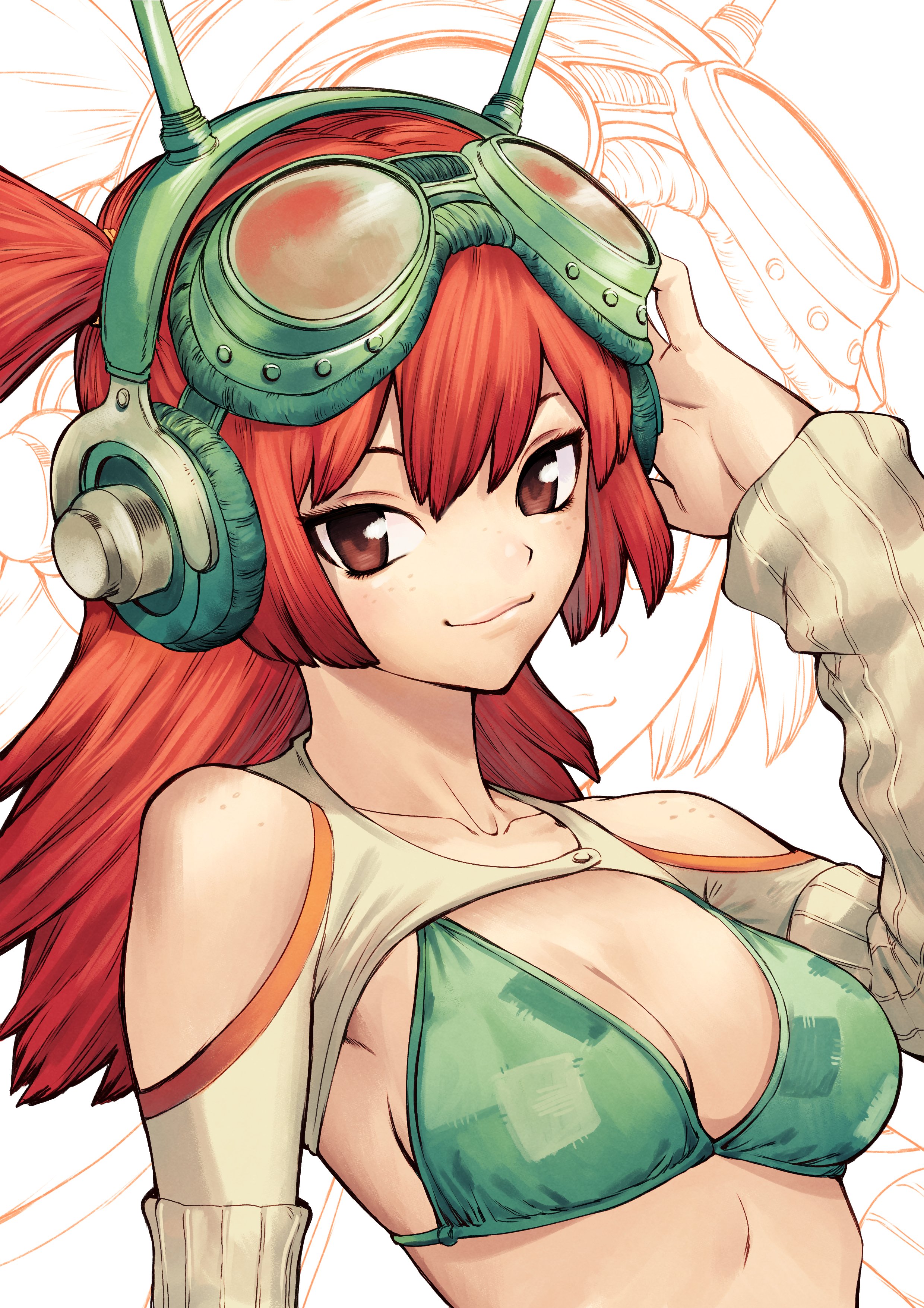 nifast (greentail), original, absurdres, commentary, english commentary, highres, 1girl, arm up, bikini, bikini top only, body freckles, boichi (style), breasts, brown eyes, camouflage, camouflage bikini, cleavage, clothing cutout, freckles, goggles, goggles on head, green bikini, hair between eyes, hand on headphones, headphones, long hair, looking at viewer, medium breasts, parody, red hair, shoulder cutout, shoulder freckles, shrug (clothing), smile, solo, style parody, swimsuit, truck (nifast (greentail)), two side up, upper body, white background, white sleeves