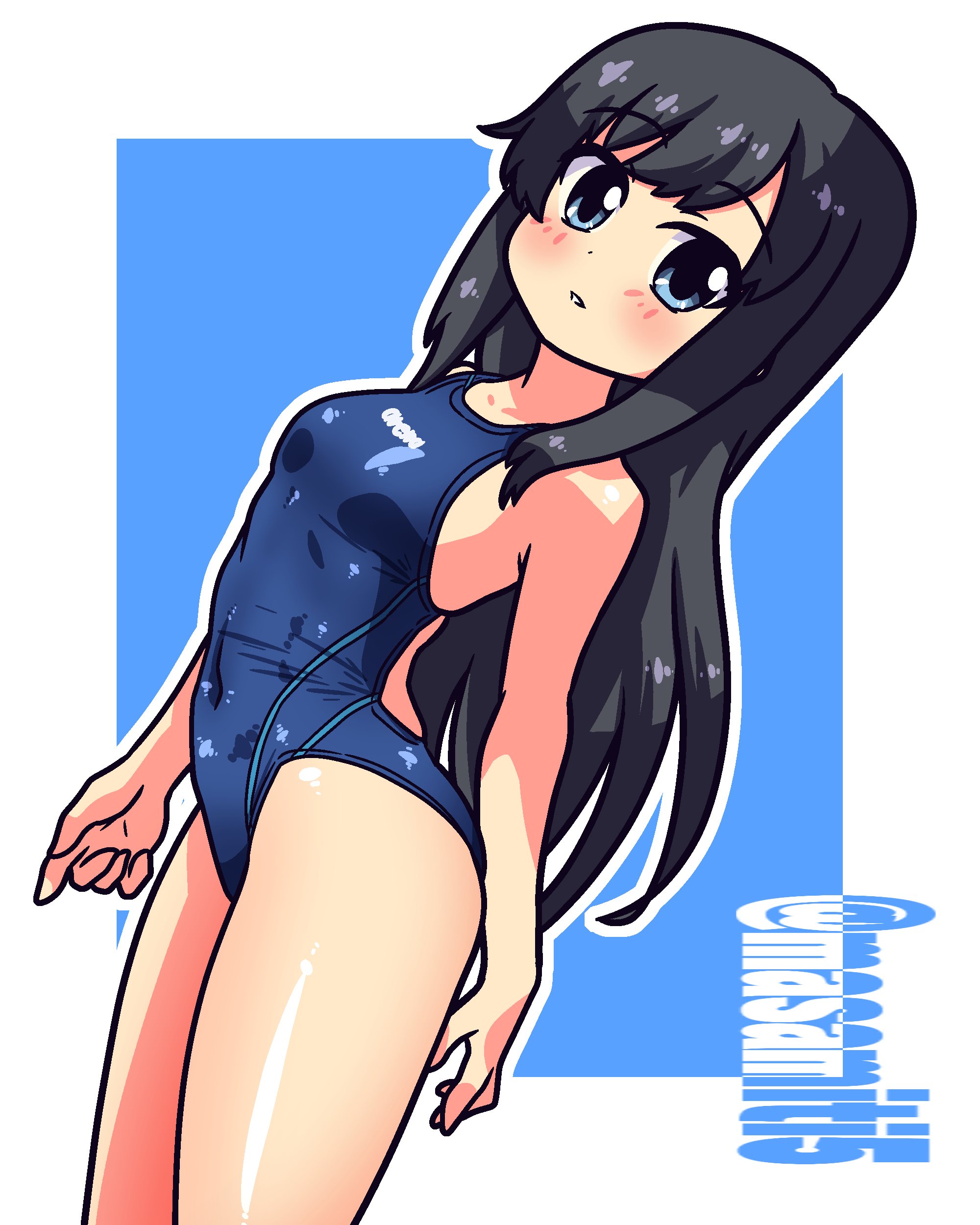 tennouji masamichi, asashio (kancolle), kantai collection, absurdres, highres, 1girl, black hair, blue background, blue eyes, blue one-piece swimsuit, blush, breasts, competition swimsuit, cowboy shot, long hair, looking at viewer, one-piece swimsuit, small breasts, solo, swimsuit, twitter username, two-tone swimsuit