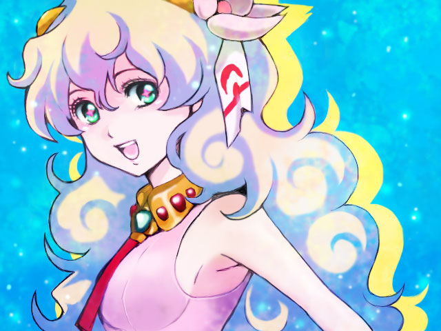 montan, nia teppelin, tengen toppa gurren lagann, + +, 00s, armpits, breasts, cross-shaped pupils, curly hair, flower, hair flower, hair ornament, long hair, multicolored hair, necktie, open mouth, portrait, sideboob, sleeveless, smile, solo, symbol-shaped pupils
