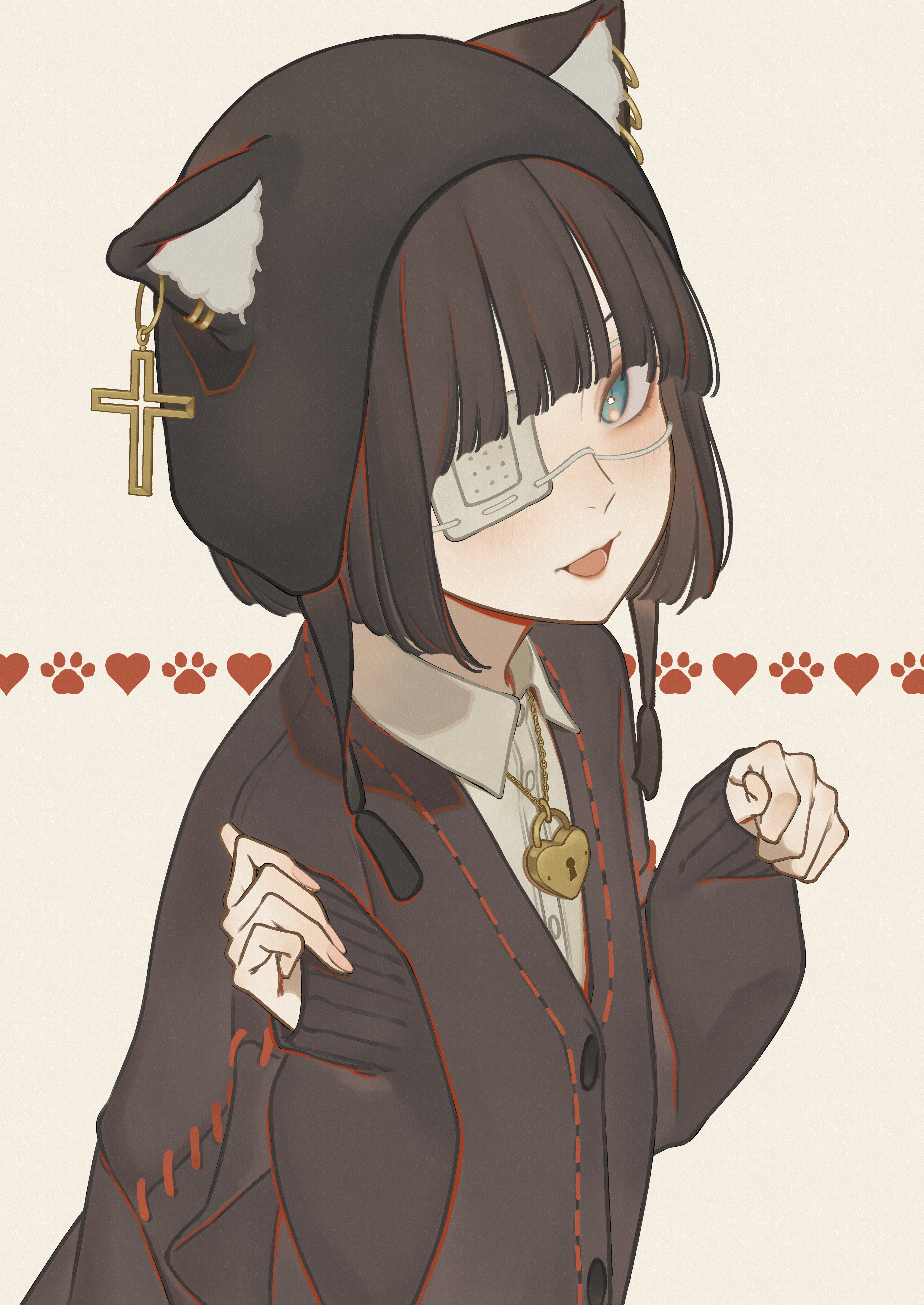 zudxpnz, original, absurdres, highres, 1girl, animal ears, animal hat, black hair, blue eyes, cardigan, cat ears, cat hat, cross, cross earrings, earrings, eyepatch, fake animal ears, hat, jewelry, lock, looking at viewer, open mouth, padlock, short hair, smile, solo, upper body