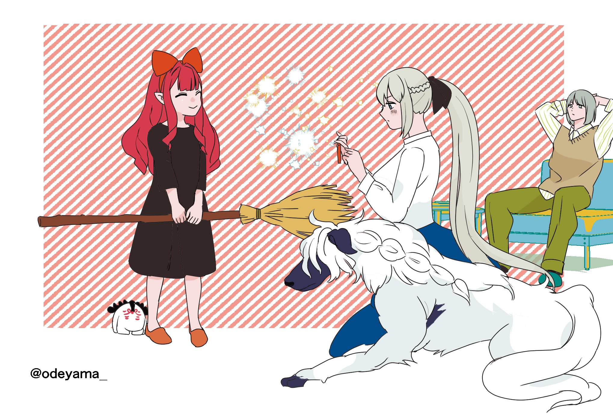 odeyama, baobhan sith (fate), cernunnos (fate), morgan le fay (fate), oberon (fate), woodwose (fate), fate/grand order, fate (series), majo no takkyuubin, highres, 2boys, 2girls, artist name, black bow, blue eyes, bow, broom, closed eyes, dog, hair between eyes, hair bow, long hair, multiple boys, multiple girls, pink eyes, pointy ears, ponytail, short hair, smile, stuffed animal, stuffed toy, very long hair, white hair