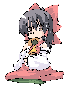 sasurai, hakurei reimu, touhou, lowres, 1girl, black hair, detached sleeves, eating, female focus, food, full body, japanese clothes, miko, oekaki, ribbon, seiza, simple background, sitting, solo, white background