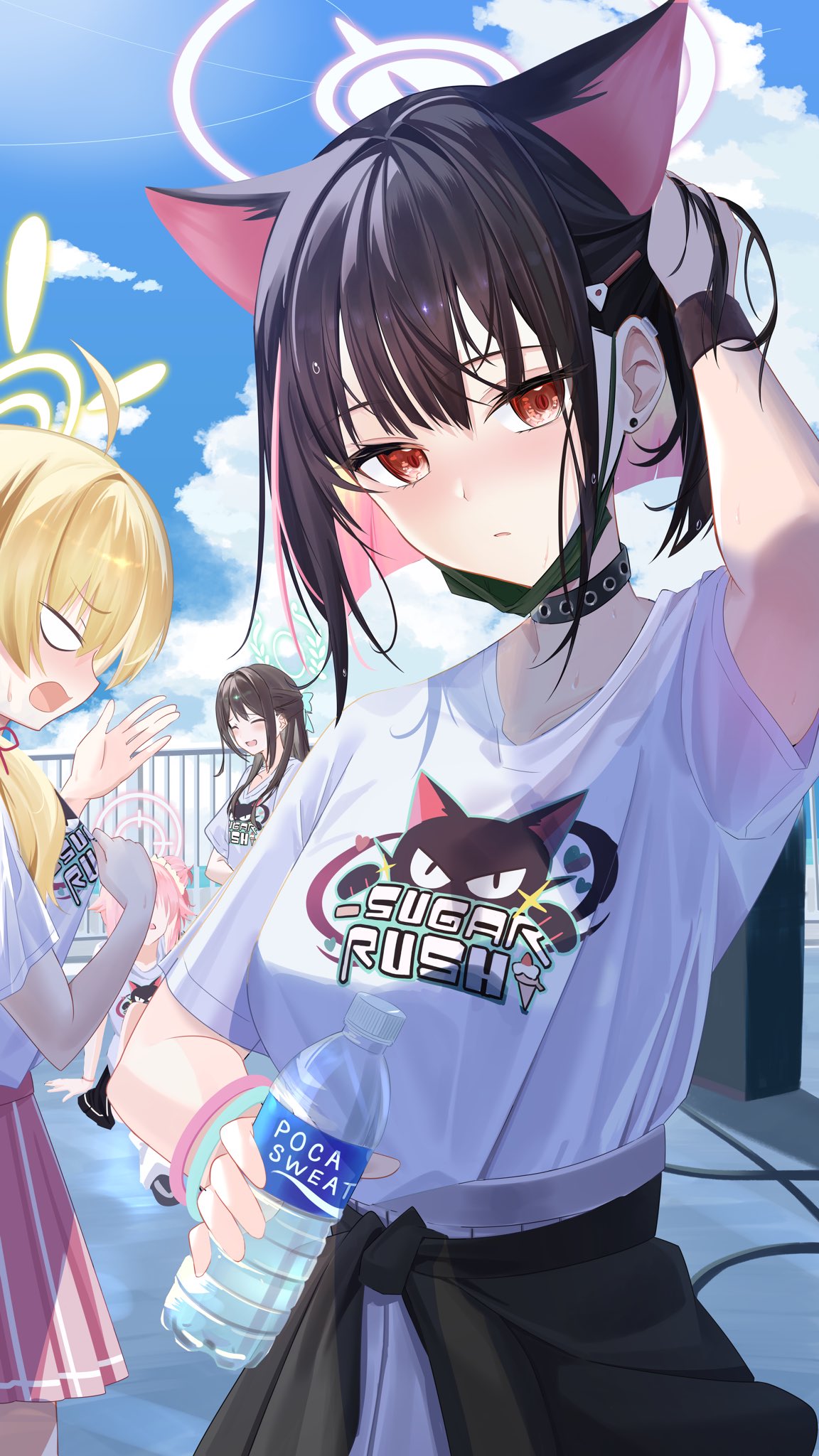 tenki nori, airi (band) (blue archive), airi (blue archive), kazusa (band) (blue archive), kazusa (blue archive), natsu (band) (blue archive), natsu (blue archive), yoshimi (band) (blue archive), yoshimi (blue archive), blue archive, commentary, highres, 4girls, :d, ^ ^, adjusting hair, after-school sweets club (blue archive), ahoge, animal ears, animal print, arm behind head, black choker, blank eyes, blonde hair, blue sky, blunt bangs, blunt ends, blush, bob cut, bottle, bow, bracelet, brown hair, cat ears, cat girl, cat print, choker, closed eyes, closed mouth, clothes around waist, cloud, collarbone, colored inner hair, cowboy shot, day, earclip, earrings, extra ears, fanning self, green bow, green halo, hair bow, hair bun, hair ornament, hair scrunchie, hairclip, halo, hand up, holding, holding bottle, hood, hood up, hot, jewelry, looking at viewer, mask, miniskirt, mouth mask, multicolored hair, multiple girls, official alternate costume, official alternate hairstyle, on roof, open mouth, outdoors, parted lips, pink halo, pink skirt, pleated skirt, print shirt, profile, red eyes, rooftop, scrunchie, shirt, short hair, short sleeves, single side bun, sitting, skirt, sky, smile, standing, stud earrings, sunlight, sweat, t-shirt, tsurime, two-tone hair, water bottle, white shirt, yellow halo, yellow scrunchie