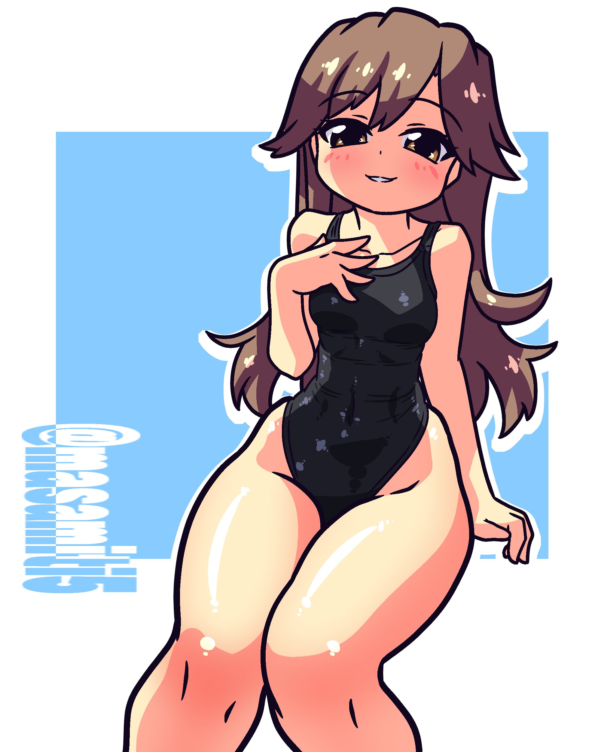 tennouji masamichi, arashio (kancolle), kantai collection, absurdres, highres, 1girl, black one-piece swimsuit, blue background, blush, breasts, brown eyes, brown hair, competition swimsuit, hand on own chest, long hair, looking at viewer, one-piece swimsuit, sitting, small breasts, smile, solo, swimsuit, twitter username, white background