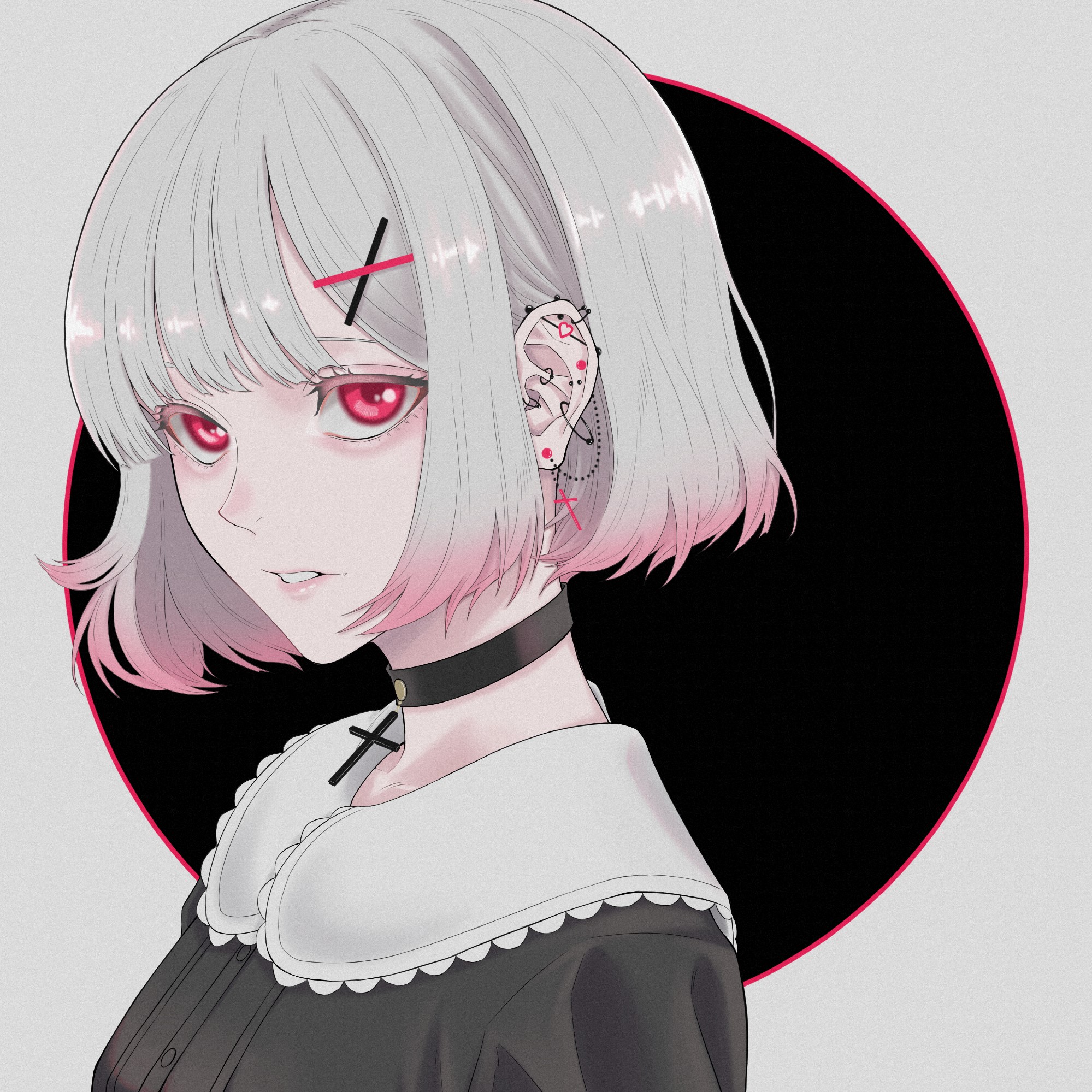 zudxpnz, original, commentary request, highres, 1girl, barbell piercing, black dress, choker, collared dress, cross, cross choker, dress, ear piercing, expressionless, gradient hair, grey hair, hair ornament, industrial piercing, looking at viewer, multicolored hair, parted lips, piercing, pink hair, red eyes, short hair, solo, upper body, x hair ornament