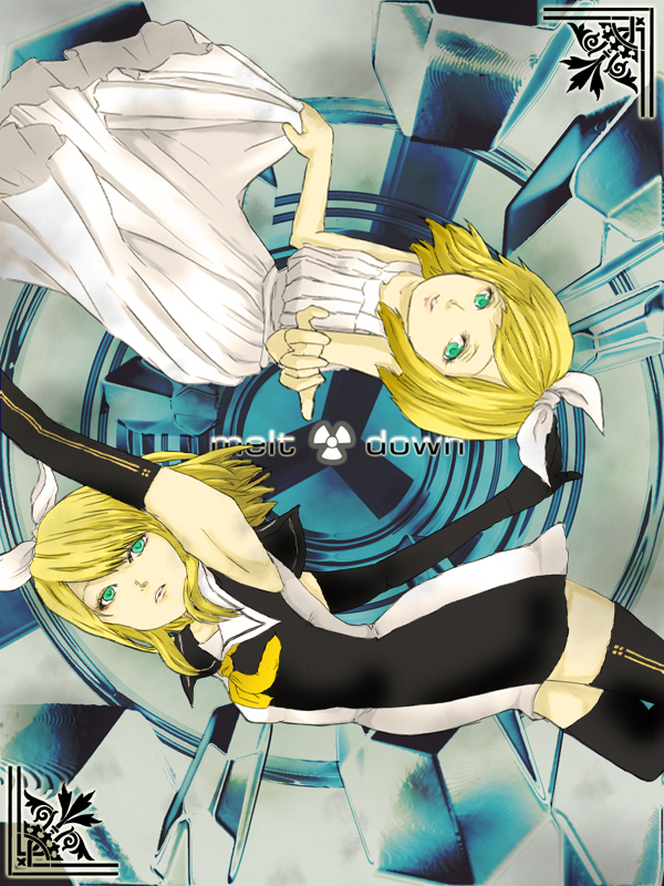 kirikoujyo, kagamine rin, kagamine rin (roshin yuukai), roshin yuukai (vocaloid), vocaloid, armpits, blonde hair, dress, dual persona, elbow gloves, gloves, green eyes, sailor dress, thighhighs, zettai ryouiki