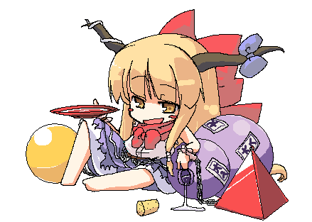 sasurai, ibuki suika, touhou, lowres, 1girl, alcohol, blonde hair, chain, cup, female focus, full body, gourd, horns, oekaki, ribbon, sakazuki, sake, simple background, sitting, solo, white background