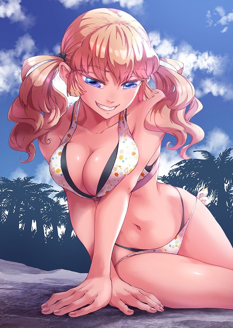 maybe, morion novaty nokanatika, kekkon yubiwa monogatari, highres, official art, 1girl, bare shoulders, bikini, black bikini, blonde hair, blue eyes, breasts, cleavage, collarbone, female focus, flower bikini, large breasts, layered bikini, legs, long hair, looking down, midriff, multicolored bikini, navel, rock, sexually suggestive, sitting, sitting on rock, smile, solo, solo focus, stomach, swimsuit, teeth, thighs, twintails, two-tone bikini, white bikini