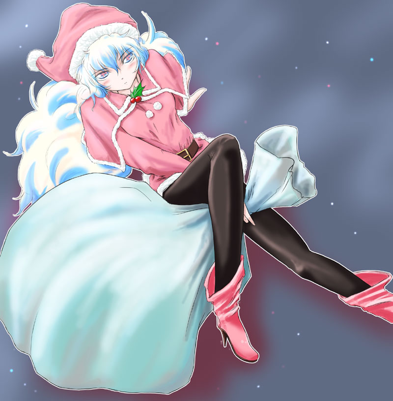 chiaki lsd, nia teppelin, tengen toppa gurren lagann, 00s, bag, boots, christmas, hat, multicolored hair, pantyhose, sack, santa costume, santa hat, solo