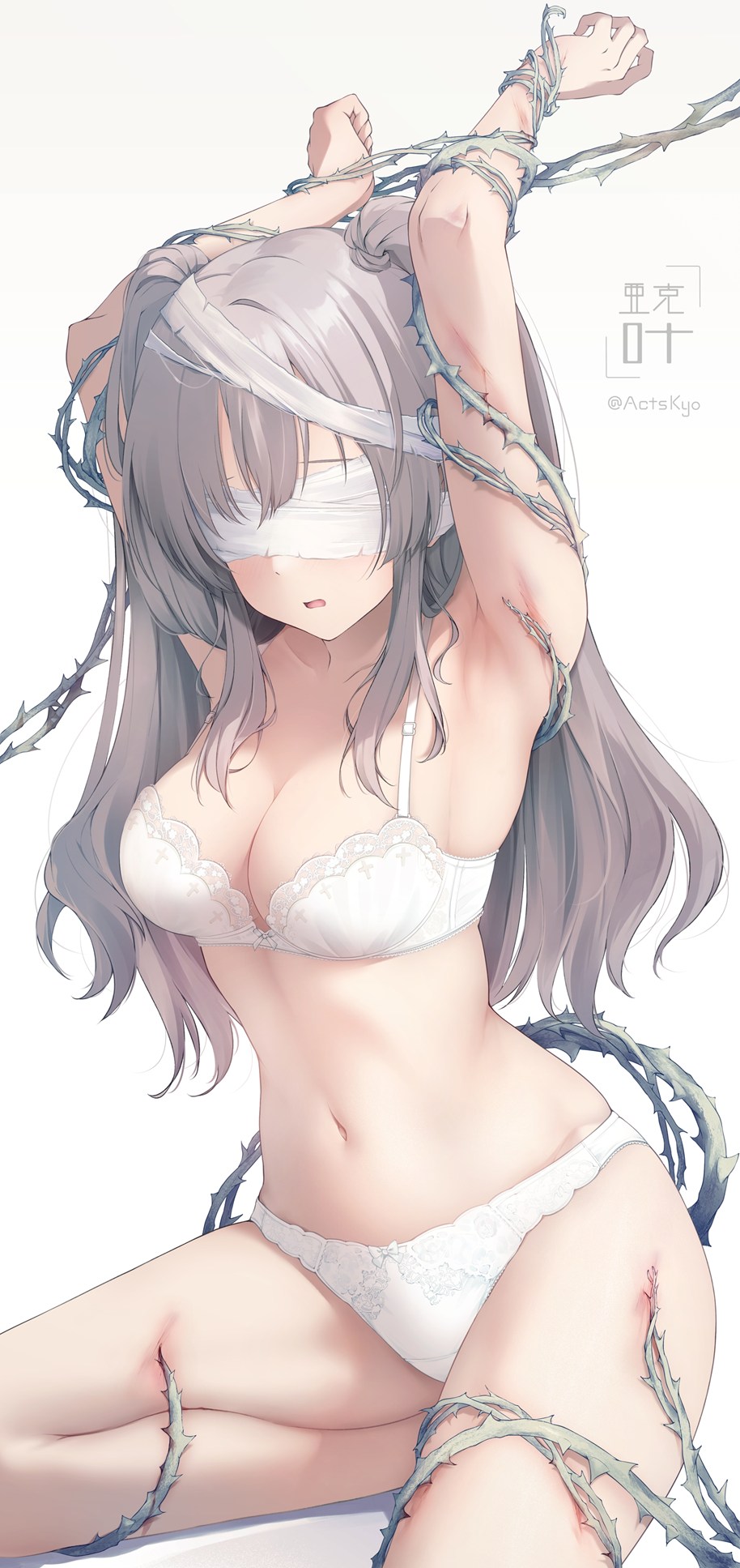 foley anden, yukoku kiriko, idolmaster, idolmaster shiny colors, commentary request, highres, 1girl, armpit crease, armpits, arms behind head, arms up, artist logo, artist name, bdsm, belly, blindfold, blood, blush, bondage, bound, bound arms, bound wrists, bow, bow bra, bow panties, bowtie, bra, breasts, cleavage, clenched hand, collarbone, feet out of frame, female focus, foot out of frame, grey hair, hair between eyes, lace, lace-trimmed bra, lace-trimmed panties, lace trim, large breasts, linea alba, lingerie, logo, long hair, looking ahead, looking at viewer, looking to the side, looking up, navel, open mouth, panties, parted lips, purple eyes, restrained, school uniform, sidelocks, simple background, sitting, solo, stomach, thighs, thorns, tongue, twintails, two side up, underwear, underwear only, watermark, white background, white bow, white bowtie, white bra, white panties