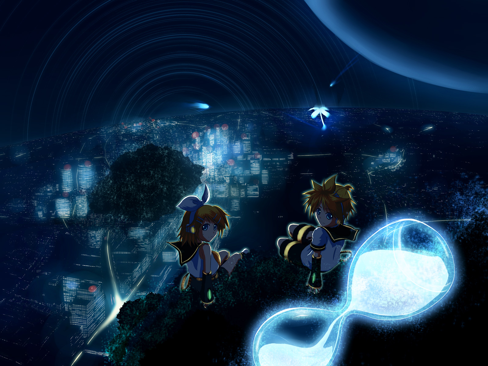 hirobakar, kagamine len, kagamine rin, vocaloid, bad id, highres, 1boy, 1girl, brother and sister, city, cityscape, looking back, night, scenery, siblings, sitting, slow shutter, star (symbol), time lapse, twins