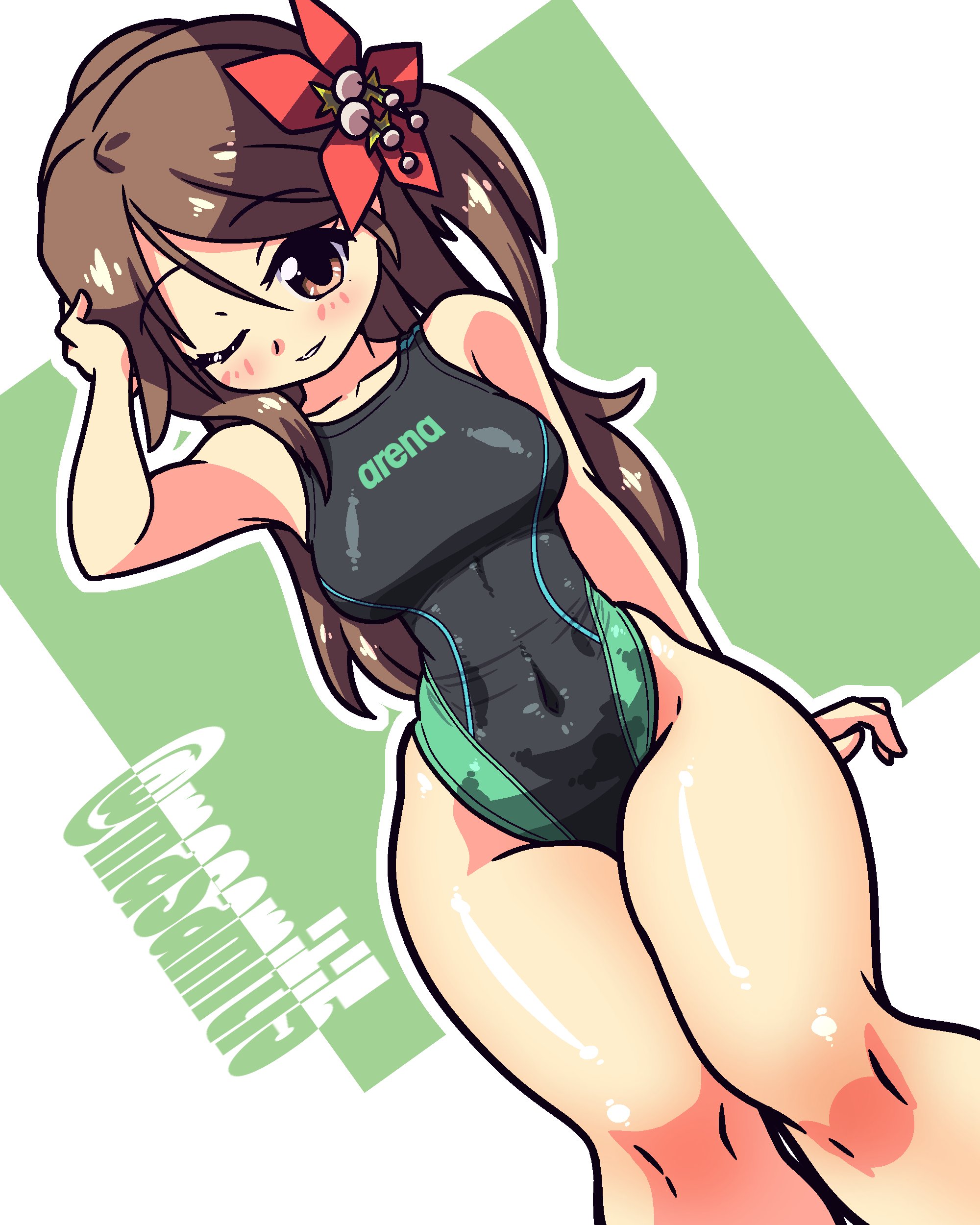tennouji masamichi, amagi (kancolle), kantai collection, absurdres, highres, 1girl, black one-piece swimsuit, breasts, brown eyes, brown hair, competition swimsuit, flower, green background, green one-piece swimsuit, hair flower, hair ornament, large breasts, long hair, looking at viewer, mole, mole under eye, one-piece swimsuit, one eye closed, ponytail, sitting, smile, solo, swimsuit, two-tone one-piece swimsuit, two-tone swimsuit, white background