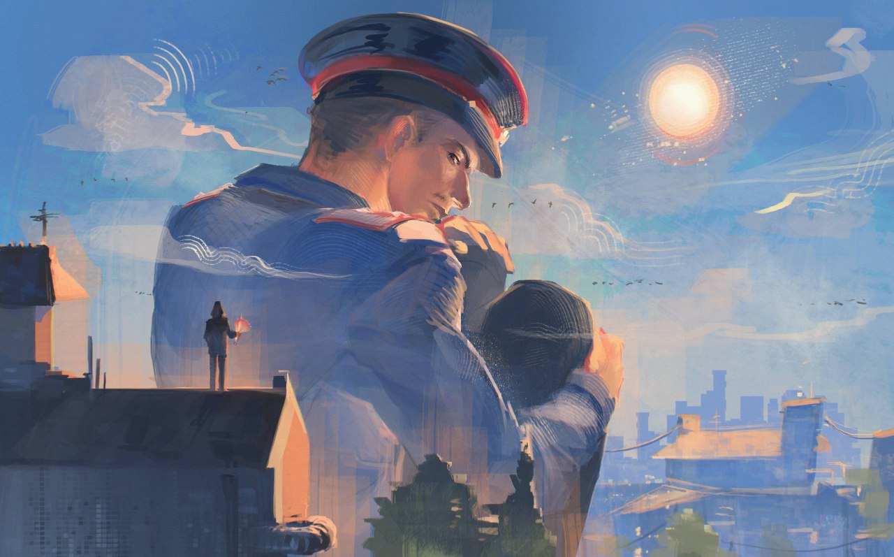 2boys, brown hair, building, city, cloud, cloudy sky, doggamia, facial hair, giant, hat, holding, holding torch, looking back, male focus, militsioner, multiple boys, mustache stubble, on roof, outdoors, peaked cap, protagonist (militsioner), short hair, sky, soviet militsiya, stubble, sun, the militsioner, torch