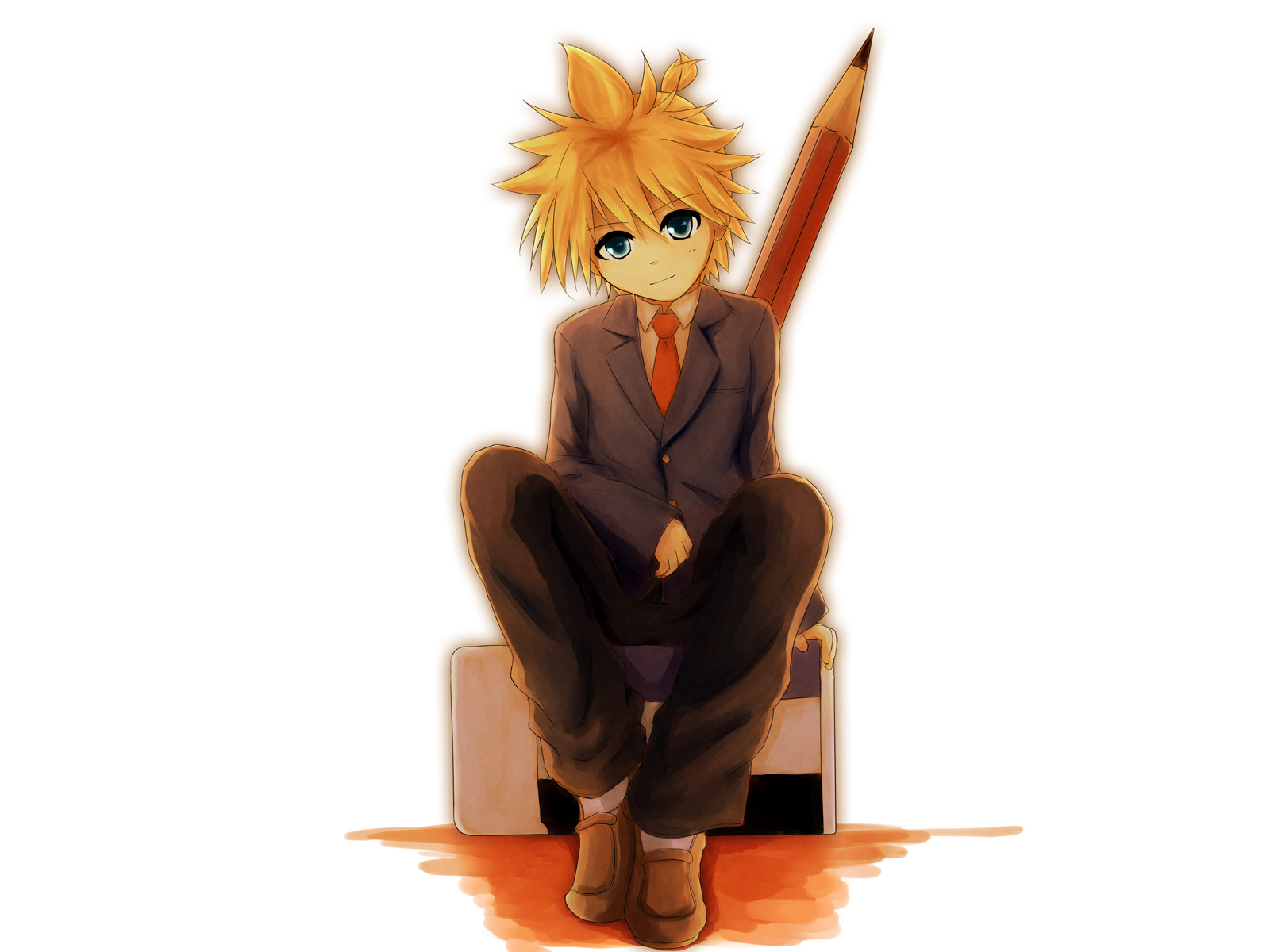 hirobakar, kagamine len, vocaloid, bad id, bad pixiv id, highres, 1boy, blonde hair, eraser, formal clothes, loafers, male focus, mini person, miniboy, necktie, oversized object, pencil, red necktie, shoes, sitting, solo, suit, wooden pencil