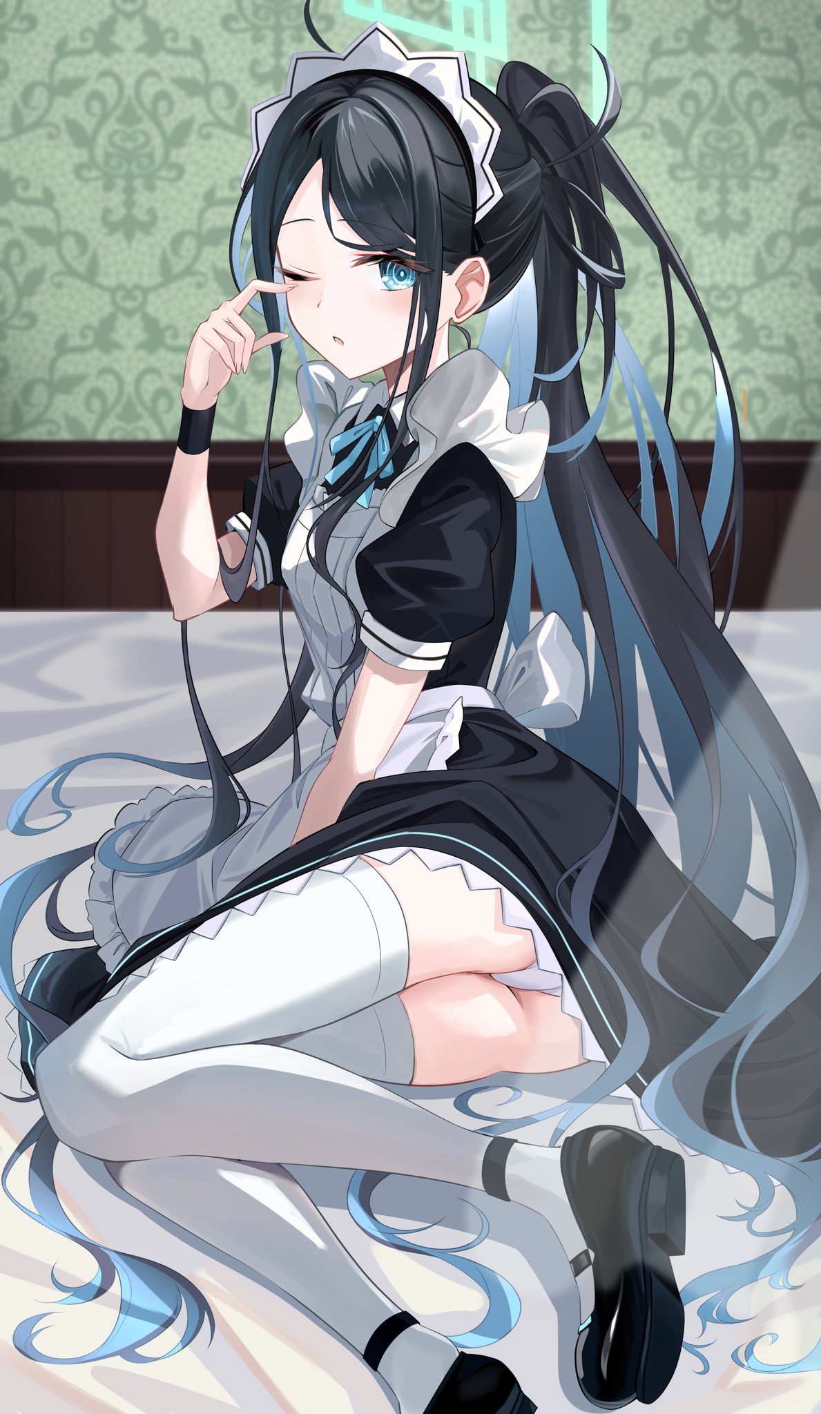 tenki nori, aris (blue archive), aris (maid) (blue archive), blue archive, commentary, highres, 1girl, ankle strap, apron, ass, back bow, black dress, black shoes, black wrist cuffs, blue eyes, blue ribbon, blush, bow, bright pupils, dress, frilled apron, frilled dress, frills, full body, hair spread out, hand up, indoors, knees together feet apart, long hair, looking at viewer, lying, maid, maid apron, maid headdress, mary janes, neck ribbon, official alternate costume, official alternate hairstyle, on bed, on side, one eye closed, open mouth, panties, parted bangs, ponytail, puffy short sleeves, puffy sleeves, ribbon, ringed eyes, rubbing eyes, shoes, short sleeves, sidelocks, solo, underwear, very long hair, waking up, white apron, white bow, white panties, white pupils, white ribbon, wrist cuffs