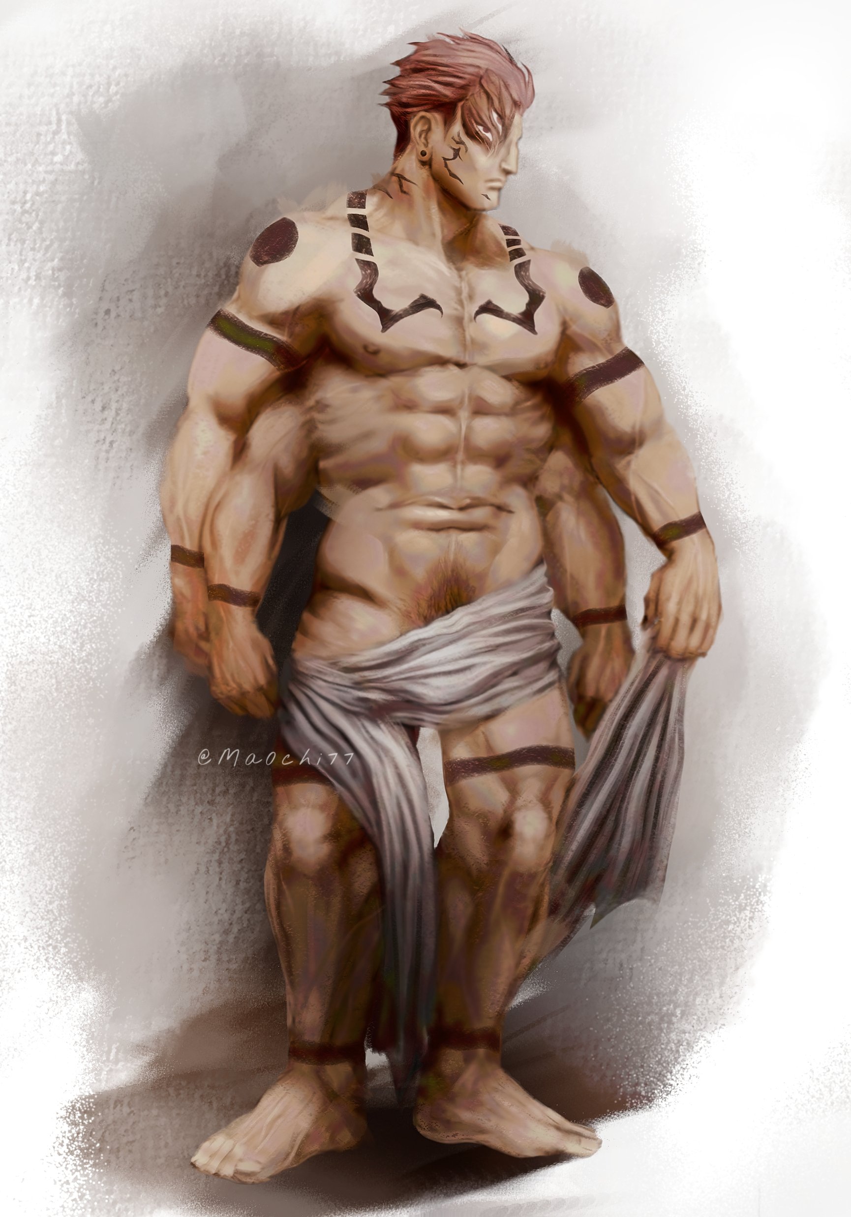 ryoumen sukuna (jujutsu kaisen), ryoumen sukuna (true form) (jujutsu kaisen), jujutsu kaisen, absurdres, highres, 1boy, abs, arm tattoo, extra arms, extra mouth, full body, half mask, leg tattoo, ma0chi77, male focus, mask, muscular, muscular male, pectorals, pink hair, pubic hair, pubic hair peek, short hair, shoulder tattoo, signature, solo, standing, stomach mouth, tattoo