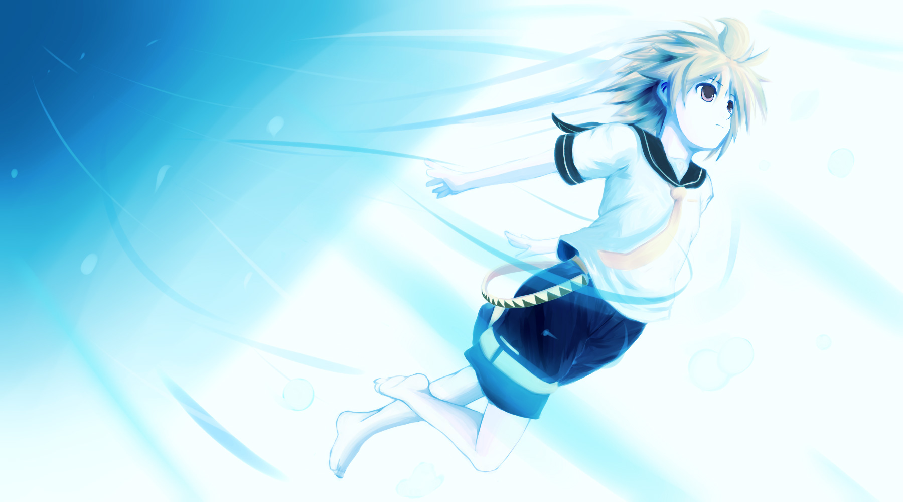 hirobakar, kagamine len, vocaloid, bad id, bad pixiv id, highres, 1boy, barefoot, blonde hair, flying, male focus, sailor collar, short hair, solo