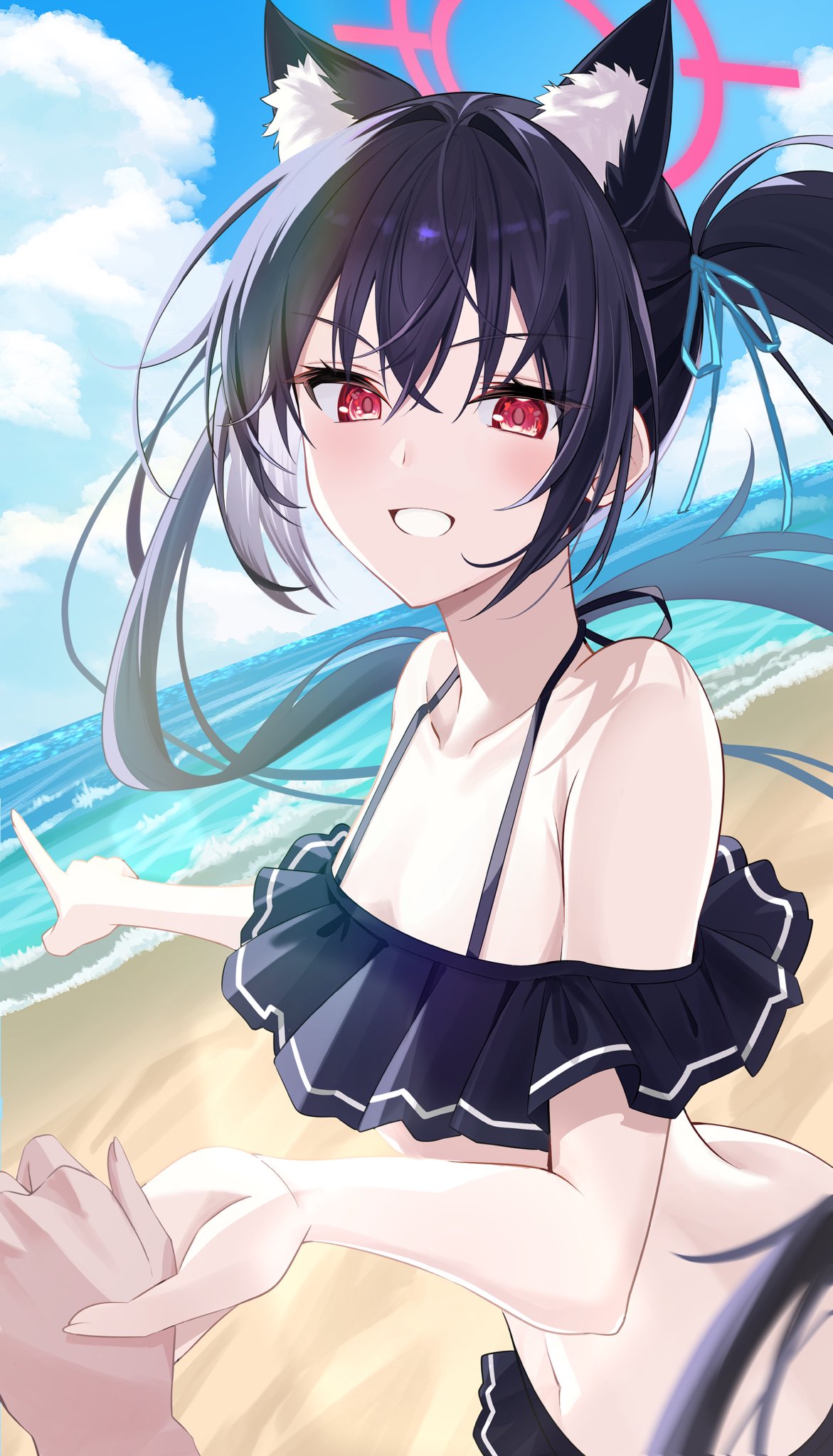 tenki nori, serika (blue archive), serika (swimsuit) (blue archive), blue archive, commentary, highres, 1girl, 1other, :d, animal ear fluff, animal ears, backlighting, bare shoulders, beach, bikini, black bikini, black hair, blue ribbon, blue sky, blurry, blush, breasts, cat ears, cat girl, cloud, collarbone, cowboy shot, crossed bangs, cumulonimbus cloud, day, depth of field, extra ears, eyelashes, floating hair, frilled bikini, frills, grin, hair between eyes, halo, halterneck, happy, holding hands, index finger raised, long hair, looking at viewer, navel, neck ribbon, ocean, off-shoulder bikini, off shoulder, official alternate costume, open mouth, outdoors, pink halo, pointing, pointing forward, pov, pov hands, red eyes, ribbon, sidelocks, sky, small breasts, smile, solo focus, swimsuit, tsurime, twintails, v-shaped eyebrows, very long hair