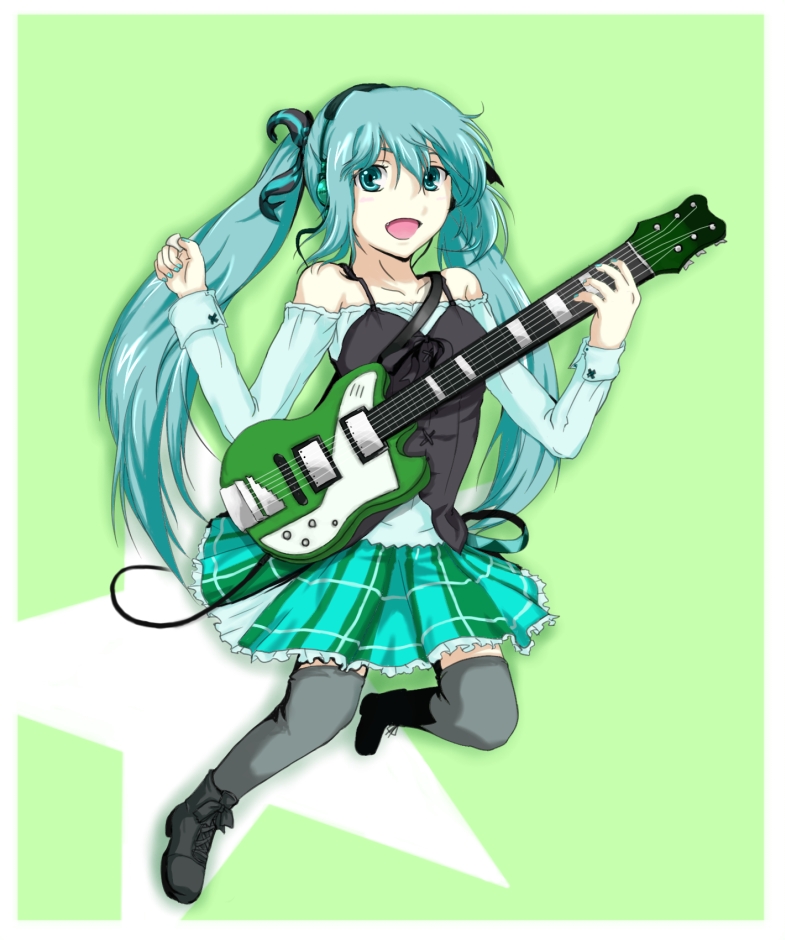 squama, hatsune miku, vocaloid, bad id, bad pixiv id, 1girl, aqua eyes, aqua hair, bare shoulders, casual, fang, female focus, guitar, instrument, long hair, looking at viewer, open mouth, plaid clothes, plaid skirt, skirt, smile, solo, thighhighs, twintails
