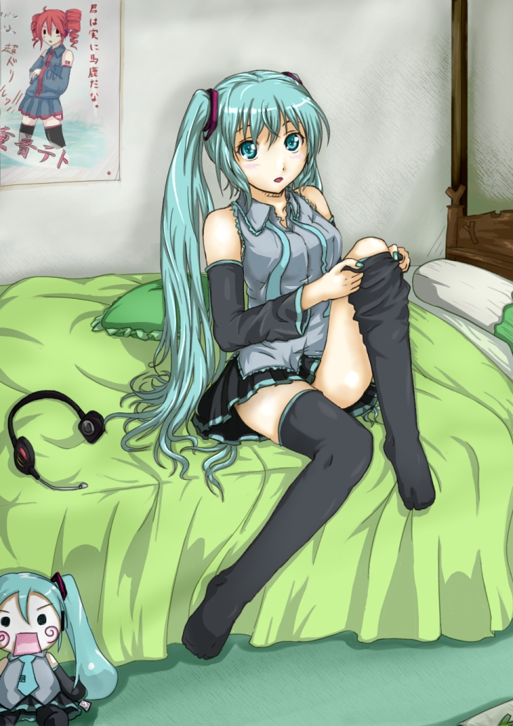 squama, hachune miku, hatsune miku, kasane teto, kasane teto (utau), utau, vocaloid, bad id, bad pixiv id, 1girl, :o, adjusting clothes, adjusting legwear, aqua eyes, aqua hair, aqua nails, bed, bed sheet, cameo, crossover, detached sleeves, dressing, female focus, long hair, miniskirt, nail polish, open mouth, pleated skirt, poster (medium), poster (object), room, sitting, skirt, solo, thighhighs, twintails