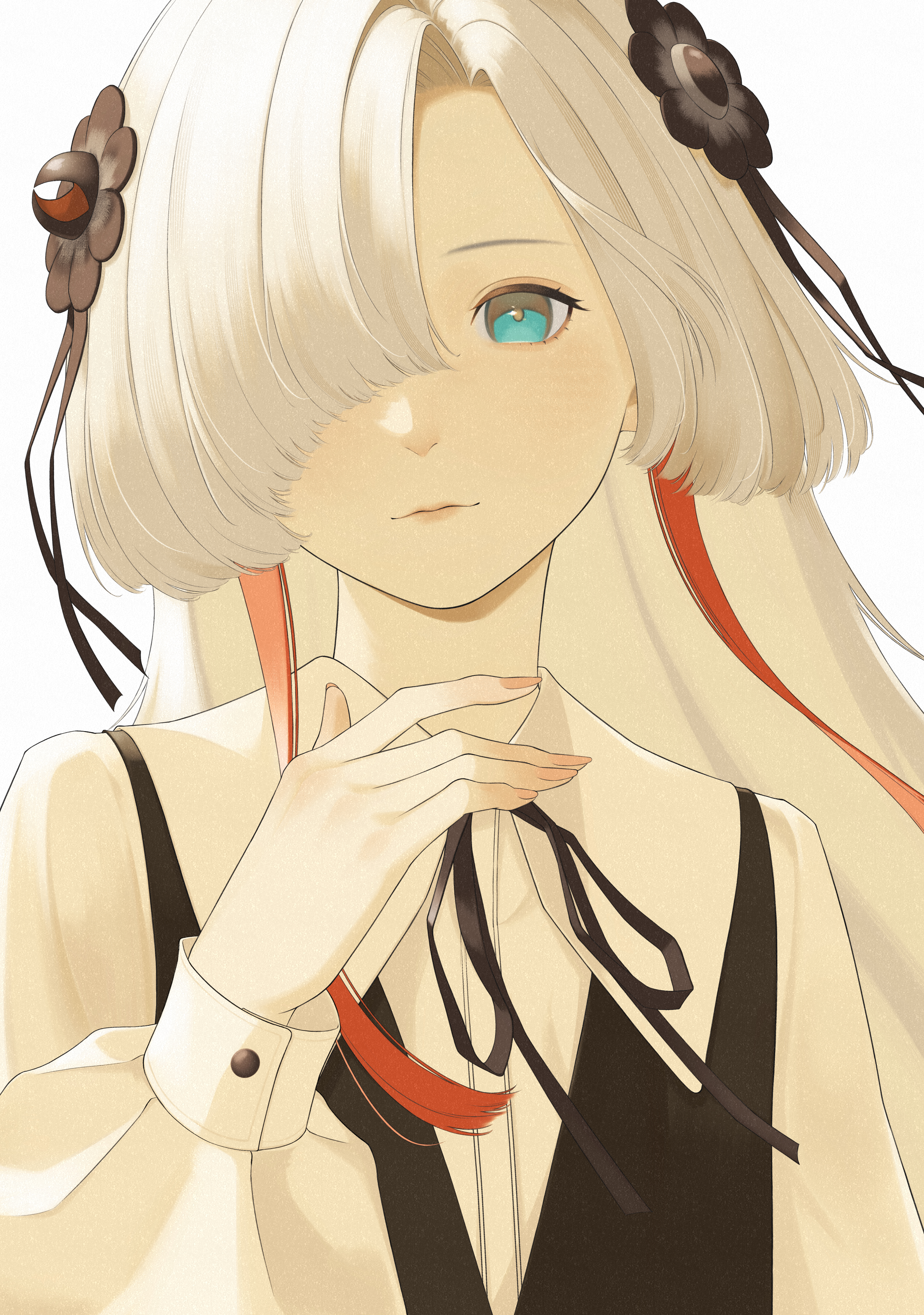 zudxpnz, isekaijoucho, kamitsubaki studio, absurdres, highres, 1girl, aqua eyes, black flower, black ribbon, collared shirt, flower, hair flower, hair ornament, hair over one eye, hand up, long hair, long sleeves, looking at viewer, multicolored hair, neck ribbon, red hair, ribbon, shirt, simple background, solo, two-tone hair, upper body, virtual youtuber, white background, white hair, white shirt