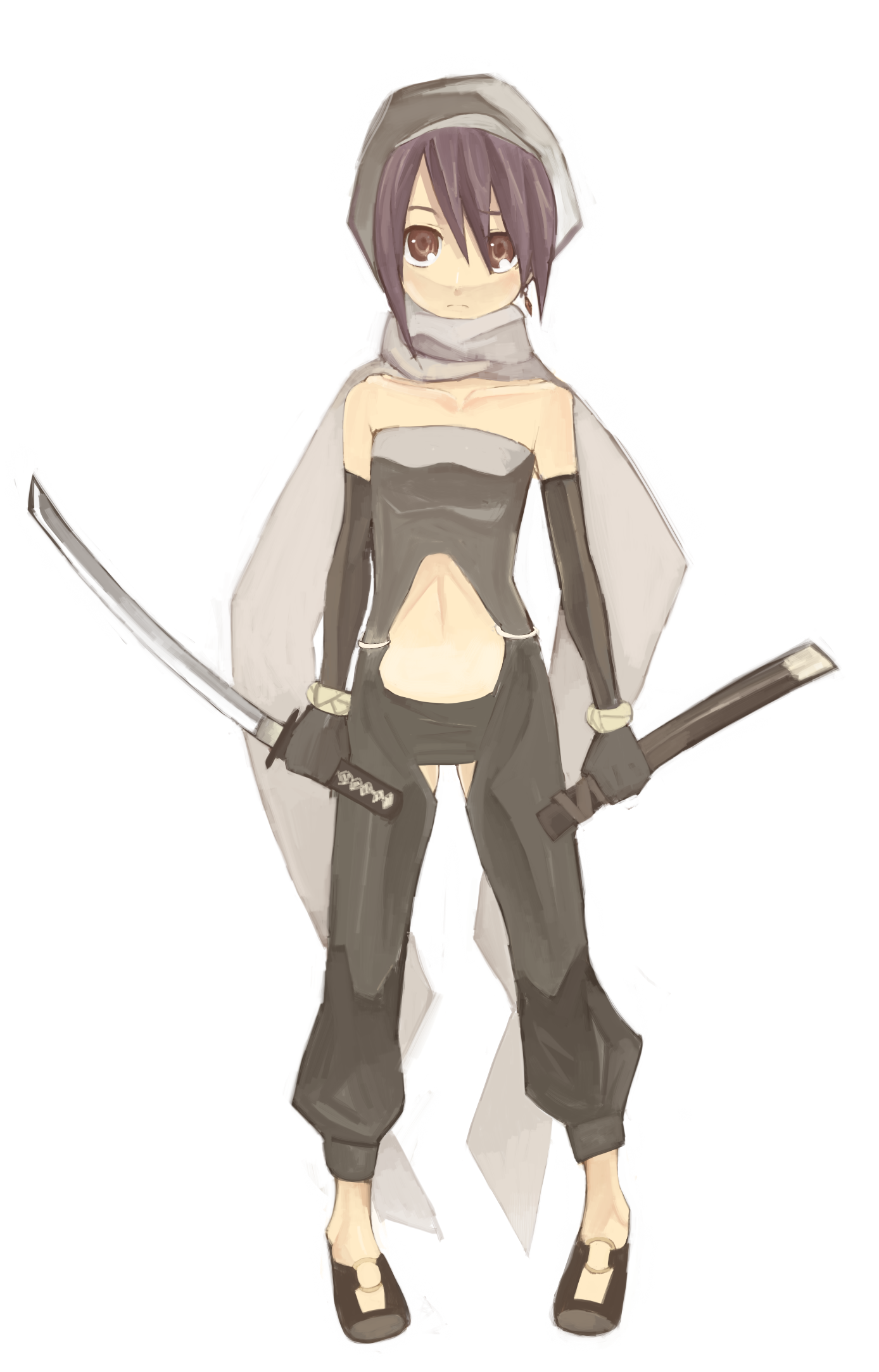 s ko, original, bad id, bad pixiv id, highres, bare shoulders, brown eyes, elbow gloves, flat chest, gloves, katana, purple hair, short hair, sword, weapon