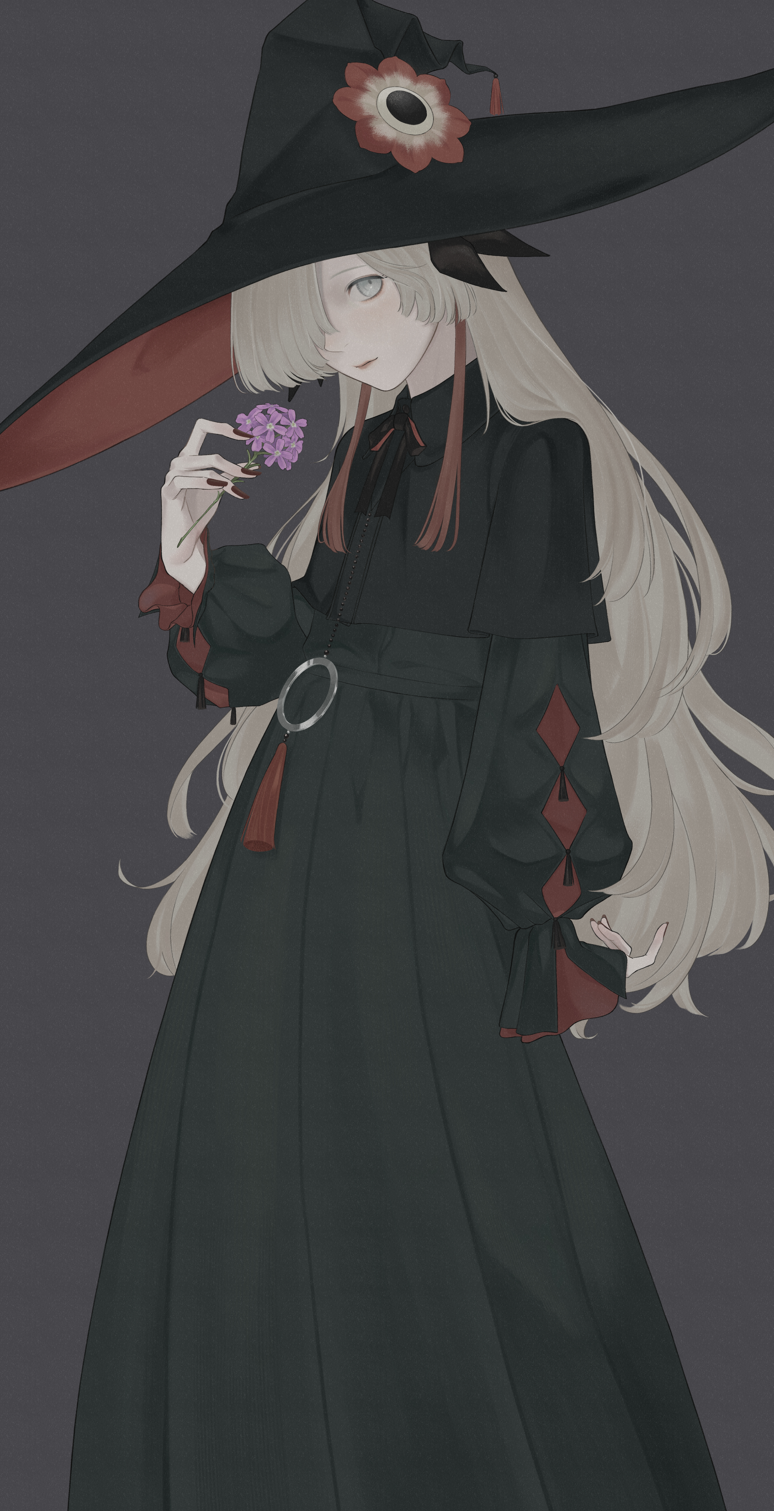 zudxpnz, isekaijoucho, kamitsubaki studio, absurdres, highres, 1girl, black dress, black hat, black ribbon, dress, expressionless, feet out of frame, fingernails, flower, grey background, grey eyes, grey hair, hair over one eye, hat, hat flower, holding, holding flower, long fingernails, long hair, long sleeves, looking at viewer, multicolored hair, neck ribbon, red hair, red nails, ribbon, simple background, sleeves past wrists, solo, tassel, two-tone hair, virtual youtuber, witch, witch hat