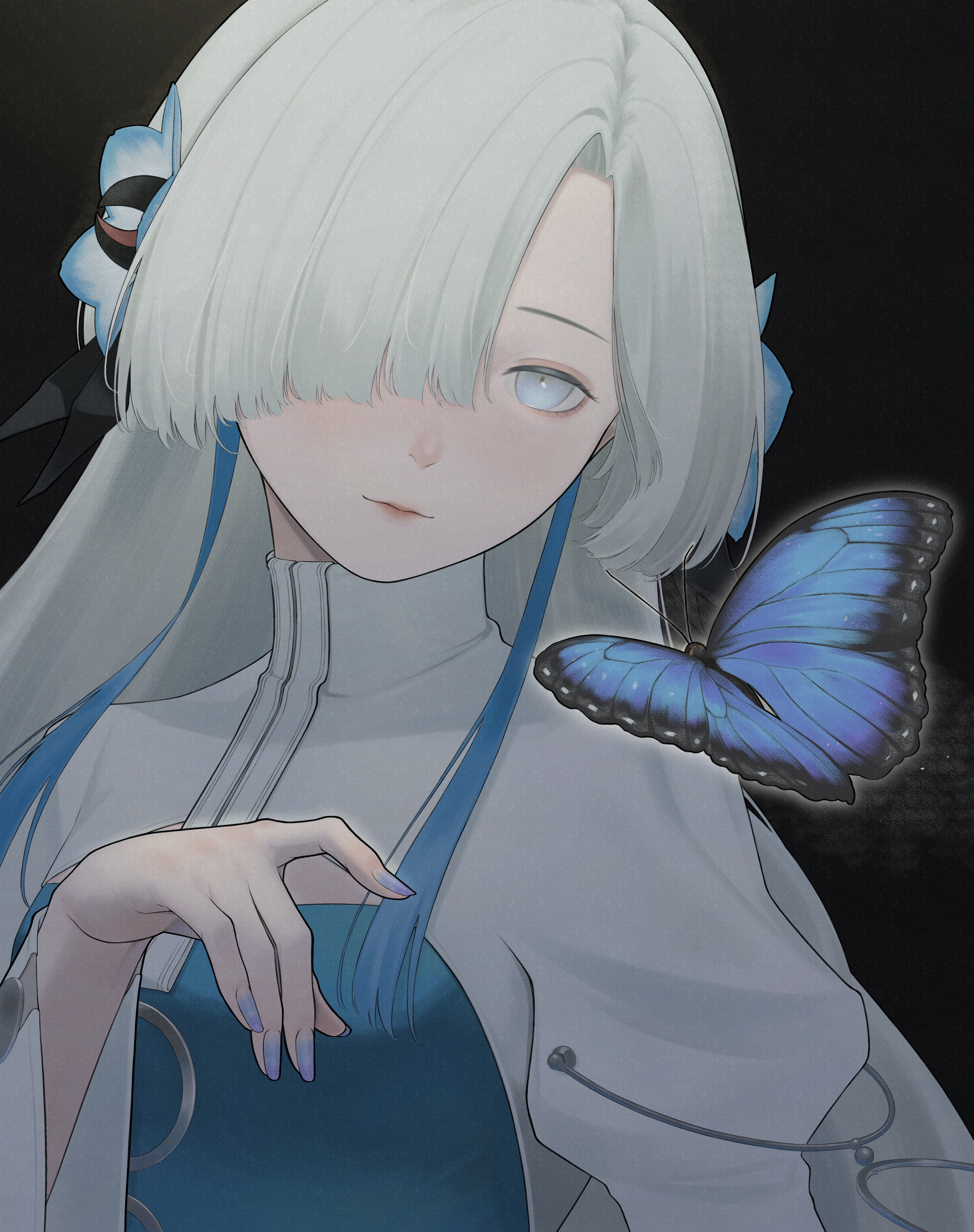 zudxpnz, isekaijoucho, kamitsubaki studio, absurdres, highres, 1girl, black background, blue butterfly, blue dress, blue eyes, blue flower, blue hair, blue nails, bug, butterfly, dress, flower, hair flower, hair ornament, hair over one eye, insect, light smile, long hair, looking at viewer, multicolored hair, solo, two-tone dress, two-tone hair, upper body, virtual youtuber, white dress, white hair