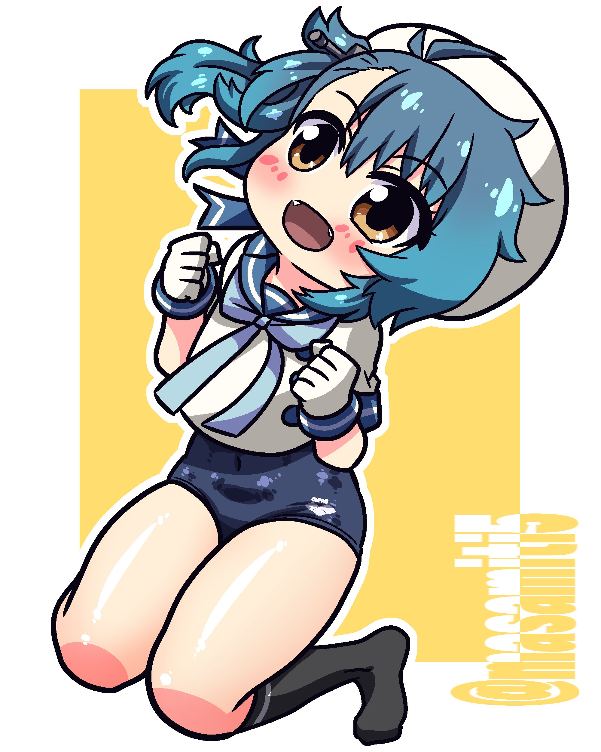tennouji masamichi, fukae (kancolle), kantai collection, absurdres, highres, 1girl, black socks, blue hair, blue one-piece swimsuit, blue sailor collar, brown eyes, competition school swimsuit, gloves, gradient hair, hat, multicolored hair, one-piece swimsuit, open mouth, sailor collar, school swimsuit, school uniform, serafuku, short hair, socks, swimsuit, swimsuit under clothes, twitter username, white background, yellow background