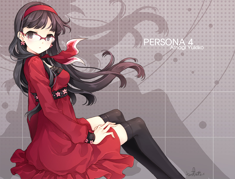 tearfish, amagi yukiko, atlus, persona, persona 4, 1girl, ascot, black eyes, black hair, black thighhighs, character name, copyright name, dress, earrings, eyelashes, female focus, flower, frills, from side, glasses, grey background, hairband, invisible chair, jewelry, long hair, looking back, sitting, solo, thighhighs