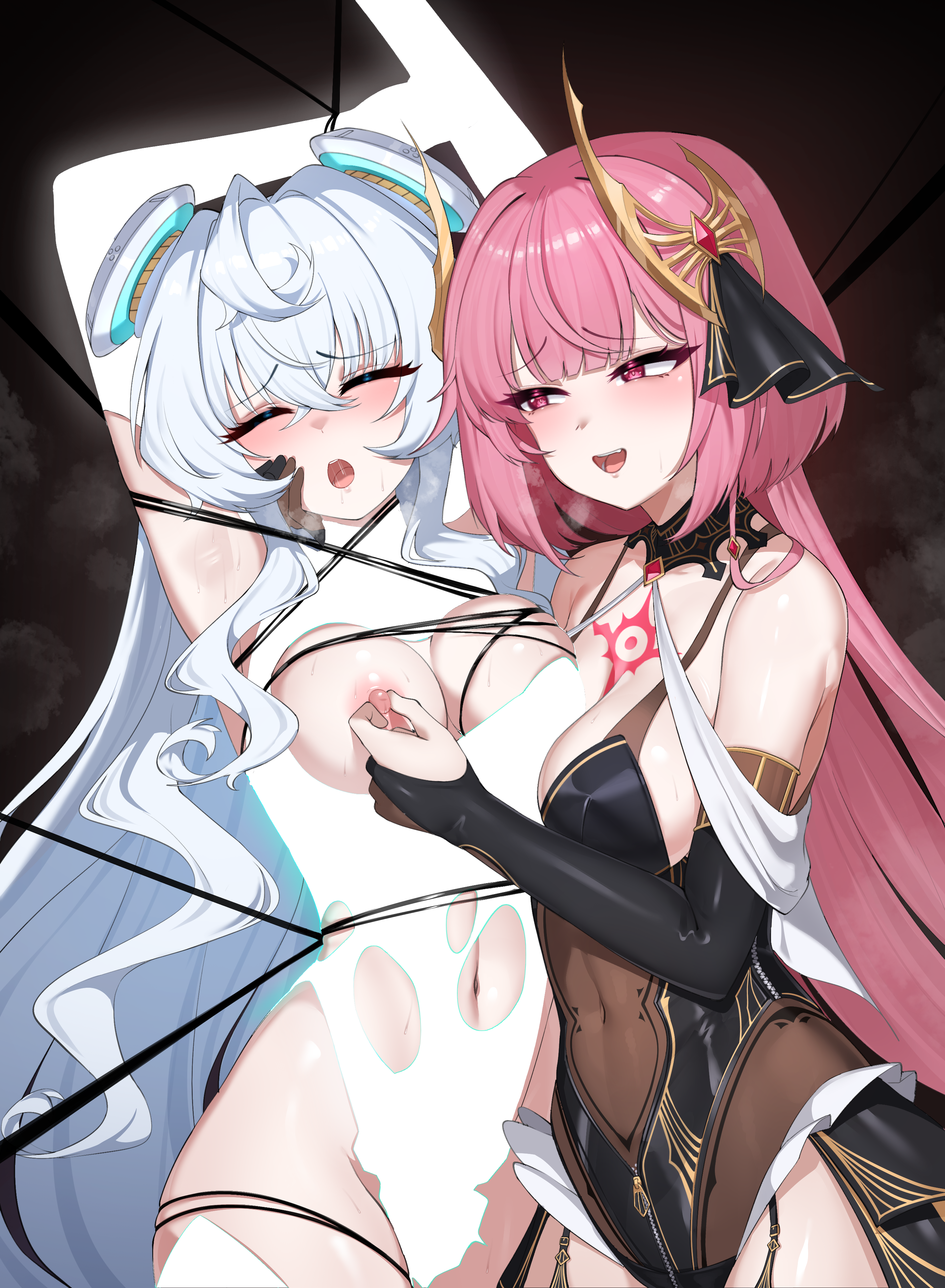 p03145, horizon (counter:side), shena (counter:side), counter:side, absurdres, highres, 2girls, ahoge, armpit crease, armpits, arms up, bdsm, belly, black background, black leotard, black thighhighs, blue hair, blush, bondage, boots, bound, bound arms, bound legs, bound torso, breasts, breasts out, breath, chest tattoo, cleavage, clenched teeth, closed eyes, clothes disappearing, clothing cutout, collared leotard, covered navel, crest, crossed bangs, dark background, detached collar, detached sleeves, disappearing clothes, drooling, elbow gloves, female focus, fingerless gloves, garter straps, gloves, glowing clothes, gold, gold trim, grabbing another's breast, grabbing another's nipples, groping, groping breast, hair between eyes, hair ornament, hair ribbon, highleg, highleg leotard, large breasts, legs, legs together, leotard, lewd crest, long hair, looking at another, looking to the side, molestation, multiple girls, navel, nipple stimulation, nipples, one breast out, open mouth, partially fingerless gloves, pelvic curtain, pink hair, red background, red eyes, restrained, revealing clothes, ribbon, saliva, saliva trail, seductive gaze, seductive smile, see-through clothes, see-through leotard, sidelocks, skin tight, skindentation, smile, steam, steaming body, sweat, sweatdrop, tattoo, teeth, thigh boots, thighhighs, thighs, tongue, torn clothes, torn leotard, very long hair, white leotard, white thighhighs, wince, yuri