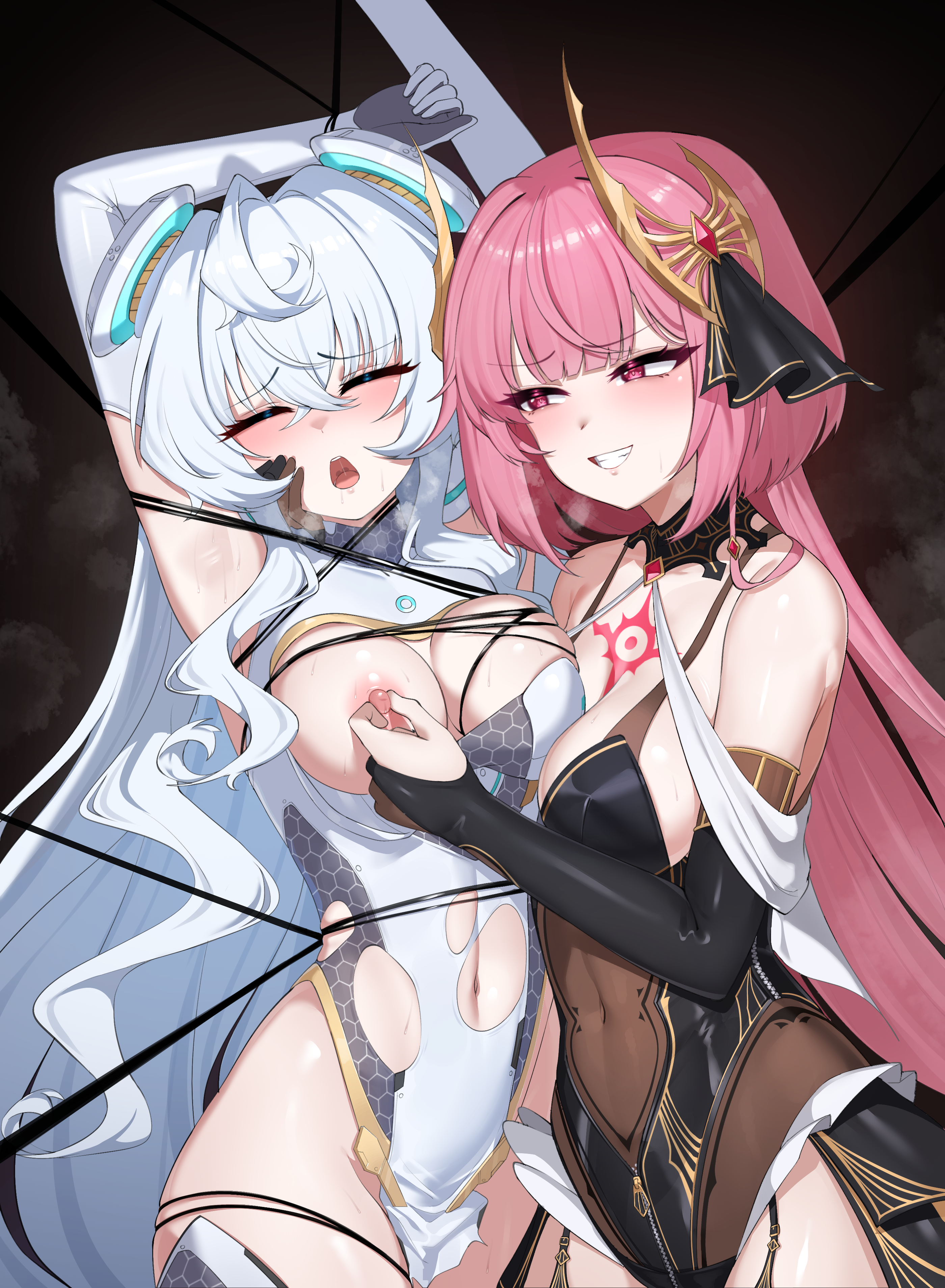 p03145, horizon (counter:side), shena (counter:side), counter:side, absurdres, highres, 2girls, ahoge, armpit crease, armpits, arms up, bdsm, belly, black background, black leotard, black thighhighs, blue hair, blush, bondage, boots, bound, bound arms, bound legs, bound torso, breasts, breasts out, breath, chest tattoo, cleavage, clenched teeth, closed eyes, clothing cutout, collared leotard, covered navel, crest, crossed bangs, dark background, detached collar, detached sleeves, drooling, elbow gloves, female focus, fingerless gloves, garter straps, gloves, gold, gold trim, grabbing another's breast, grabbing another's nipples, groping, groping breast, hair between eyes, hair ornament, hair ribbon, highleg, highleg leotard, honeycomb (pattern), large breasts, legs, legs together, leotard, lewd crest, long hair, looking at another, looking to the side, molestation, multiple girls, navel, nipple stimulation, nipples, one breast out, open mouth, partially fingerless gloves, pelvic curtain, pink hair, red background, red eyes, restrained, revealing clothes, ribbon, saliva, saliva trail, seductive gaze, seductive smile, see-through clothes, see-through leotard, sidelocks, skin tight, skindentation, smile, steam, steaming body, sweat, sweatdrop, tattoo, teeth, thigh boots, thighhighs, thighs, tongue, torn clothes, torn leotard, very long hair, white leotard, white thighhighs, wince, yuri