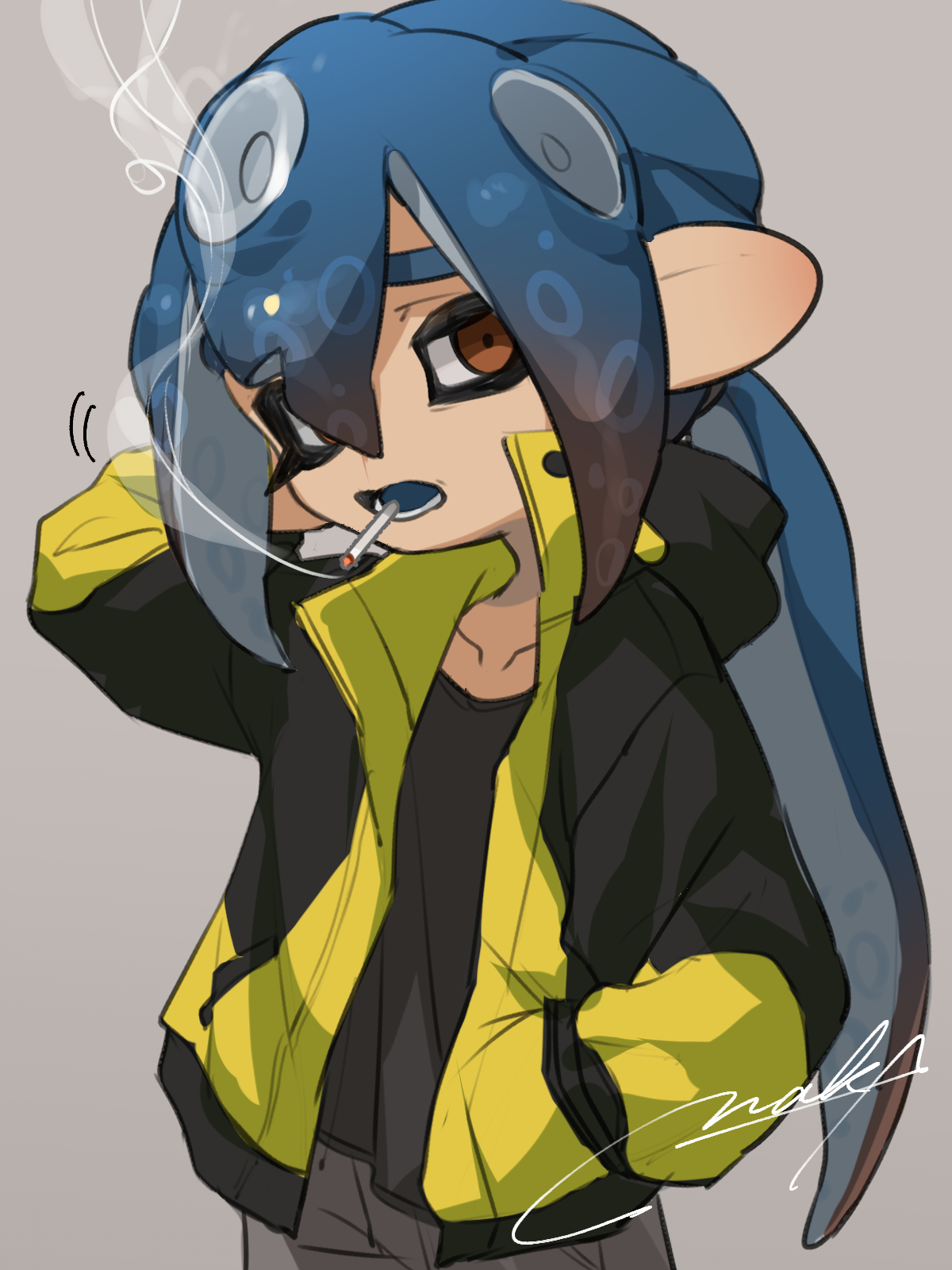 naka (easygoing naka), octoling boy, octoling player character, nintendo, splatoon (series), splatoon 3, alt text, commentary, commentary request, english commentary, highres, mixed-language commentary, 1boy, black jacket, black shirt, blue hair, brown eyes, brown hair, cigarette, colored tips, grey background, hair between eyes, hand in pocket, jacket, long hair, looking at viewer, male focus, multicolored hair, octoling, open clothes, open jacket, shirt, signature, simple background, smoking, solo, tentacle hair, two-tone hair, very long hair