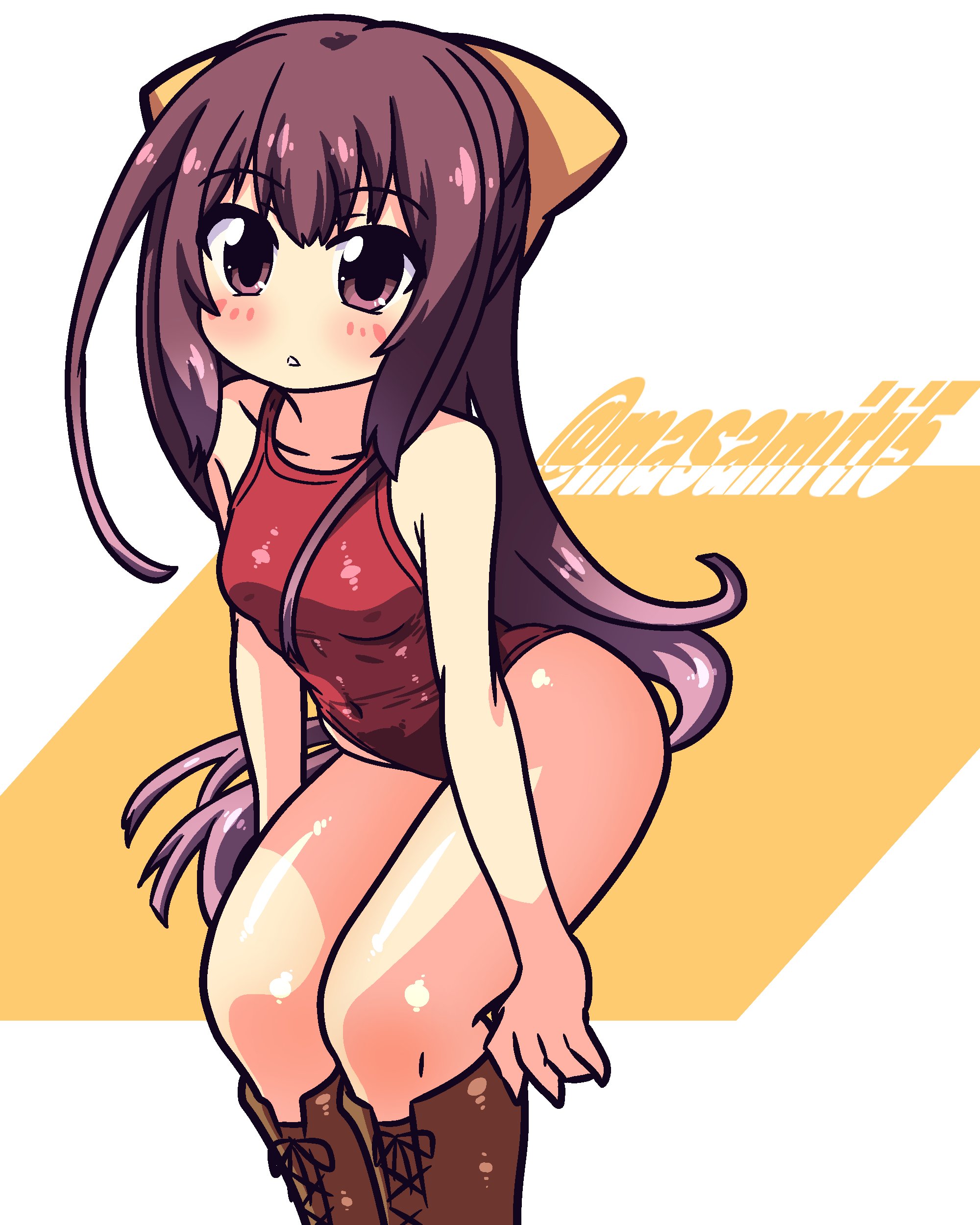 tennouji masamichi, kamikaze (kancolle), kantai collection, absurdres, highres, 1girl, blush, boots, bow, breasts, cowboy shot, hair bow, long hair, looking at viewer, one-piece swimsuit, open mouth, purple eyes, purple hair, red one-piece swimsuit, small breasts, solo, swimsuit, twitter username, white background, yellow bow