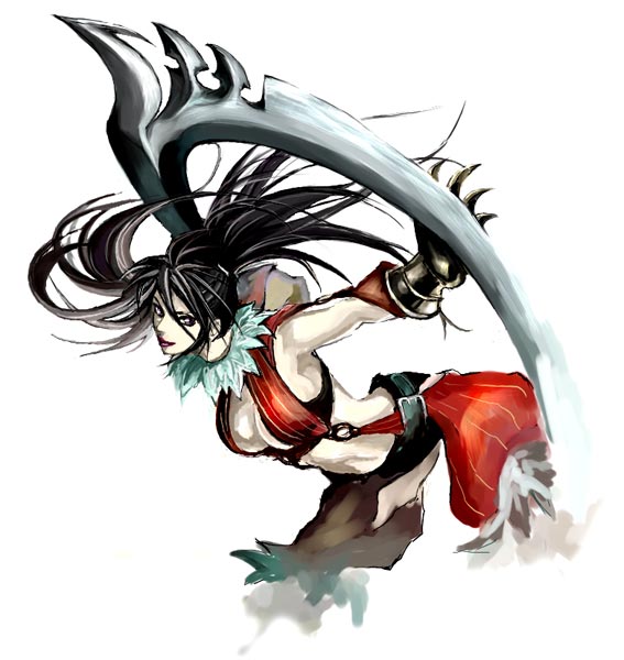 mo gyuchin, tira (soulcalibur), soul calibur, soulcalibur, soulcalibur iv, striped, bad id, bad pixiv id, 1girl, arched back, armpits, belt, bent over, black hair, center opening, chakram, claws, cleavage cutout, clothing cutout, cowboy shot, eiserne drossel (weapon), feathers, female focus, from side, gloves, holding, holding weapon, huge weapon, legs apart, light smile, lipstick, long hair, looking at viewer, makeup, midriff, no bra, o-ring, o-ring top, outstretched arms, pale skin, pinstripe pattern, red lips, short shorts, shorts, simple background, smile, solo, spread arms, suspenders, twintails, weapon, white background