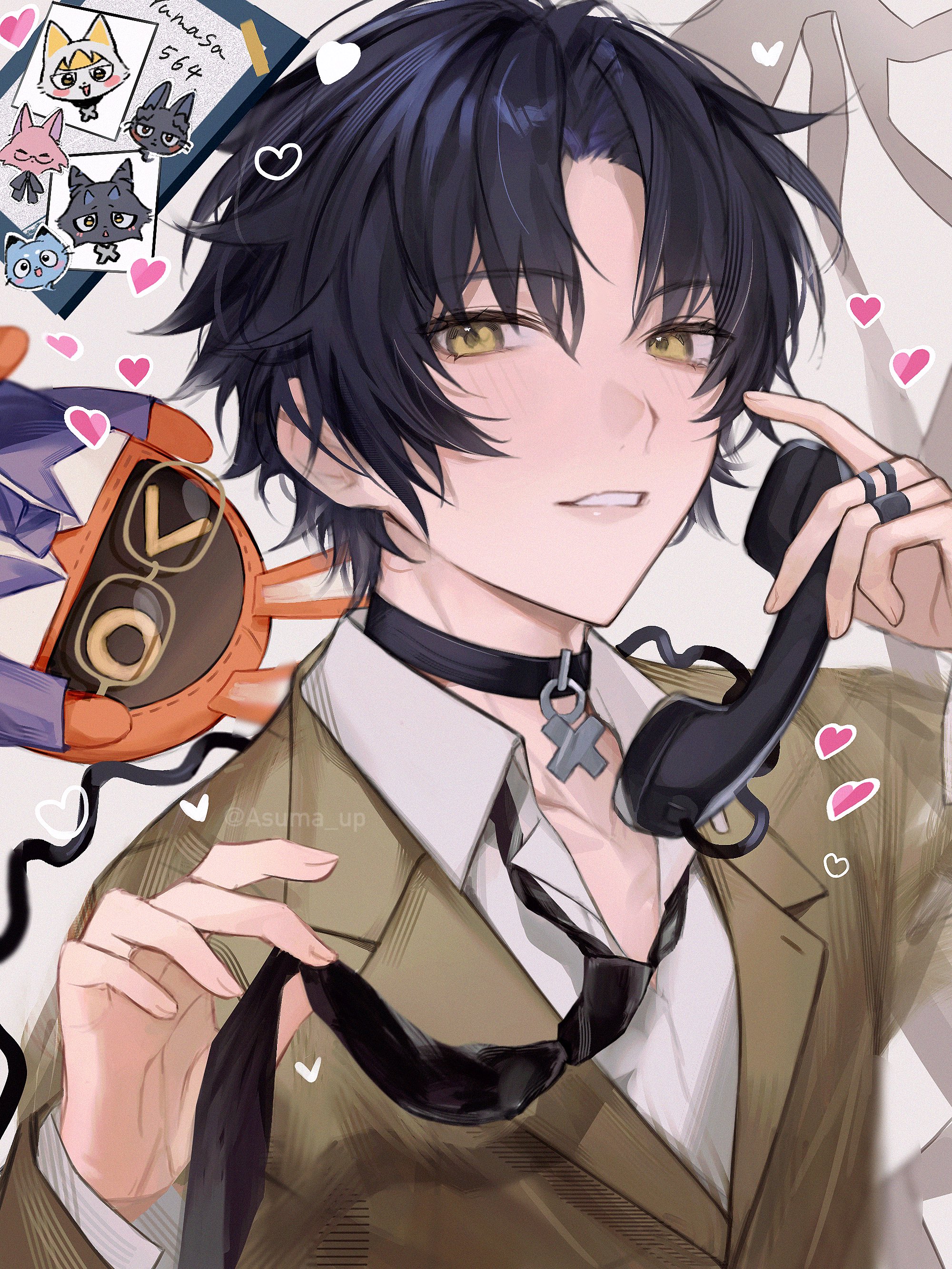 asuma up, asaba harumasa, bangboo (zenless zone zero), blue cat, zenless zone zero, absurdres, highres, 1boy, 1other, black cat, black hair, black necktie, blue necktie, blue suit, blush, brown coat, cat, choker, coat, collarbone, drawing (object), formal clothes, glasses, grey background, heart, holding, holding necktie, holding phone, jewelry, looking at viewer, male focus, multiple rings, necktie, note, parted bangs, phone, pink cat, ring, shirt, short hair, sticker, suit, teeth, white cat, white shirt, wire, yellow eyes