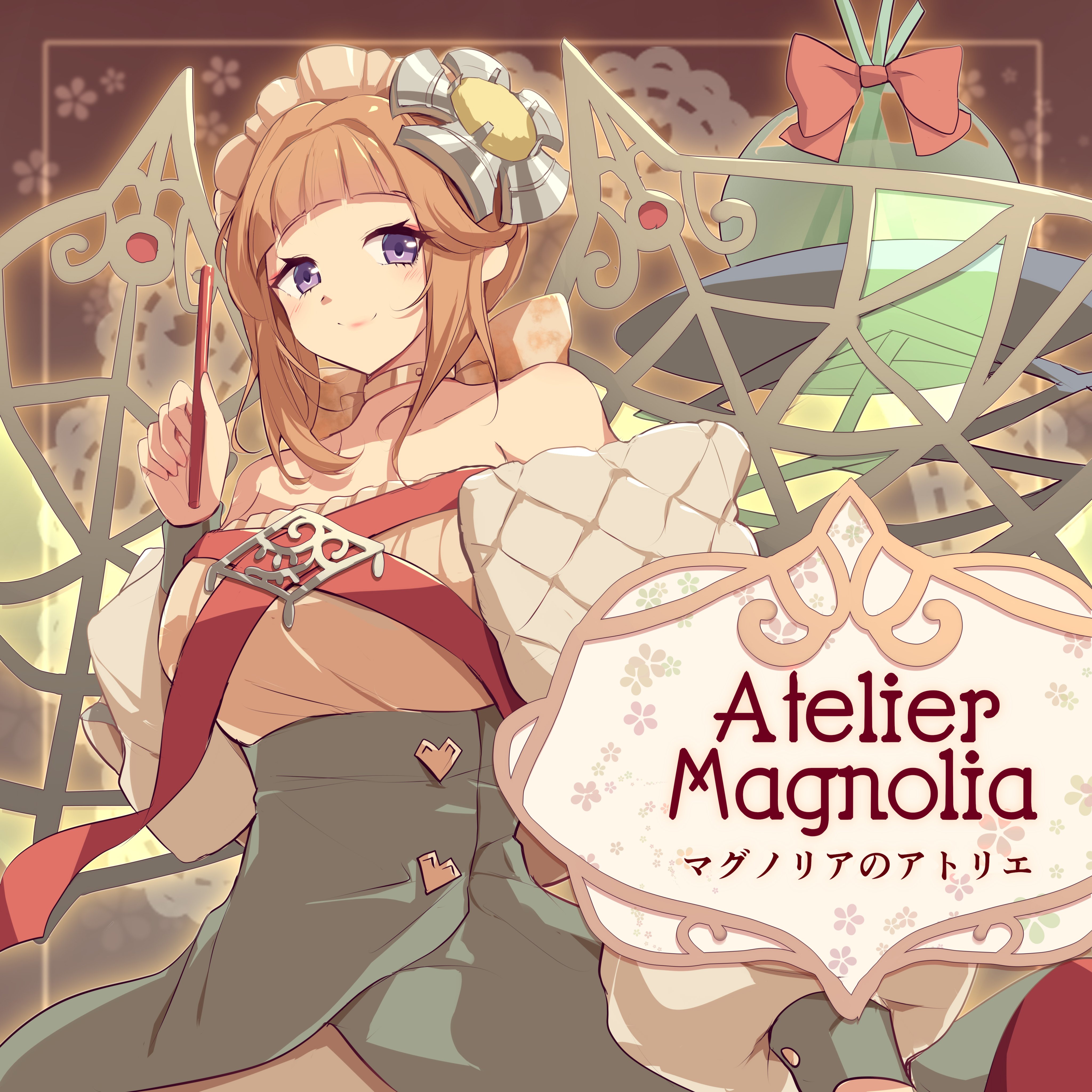 kanzakietc, aromalilith magnolia, yu-gi-oh!, absurdres, highres, translation request, 1girl, bare shoulders, blunt bangs, breasts, brown hair, closed mouth, collarbone, duel monster, fairy wings, frilled headwear, gold choker, green skirt, hair ornament, holding, large breasts, light blush, long hair, long sleeves, looking at viewer, purple eyes, skirt, smile, solo, wings