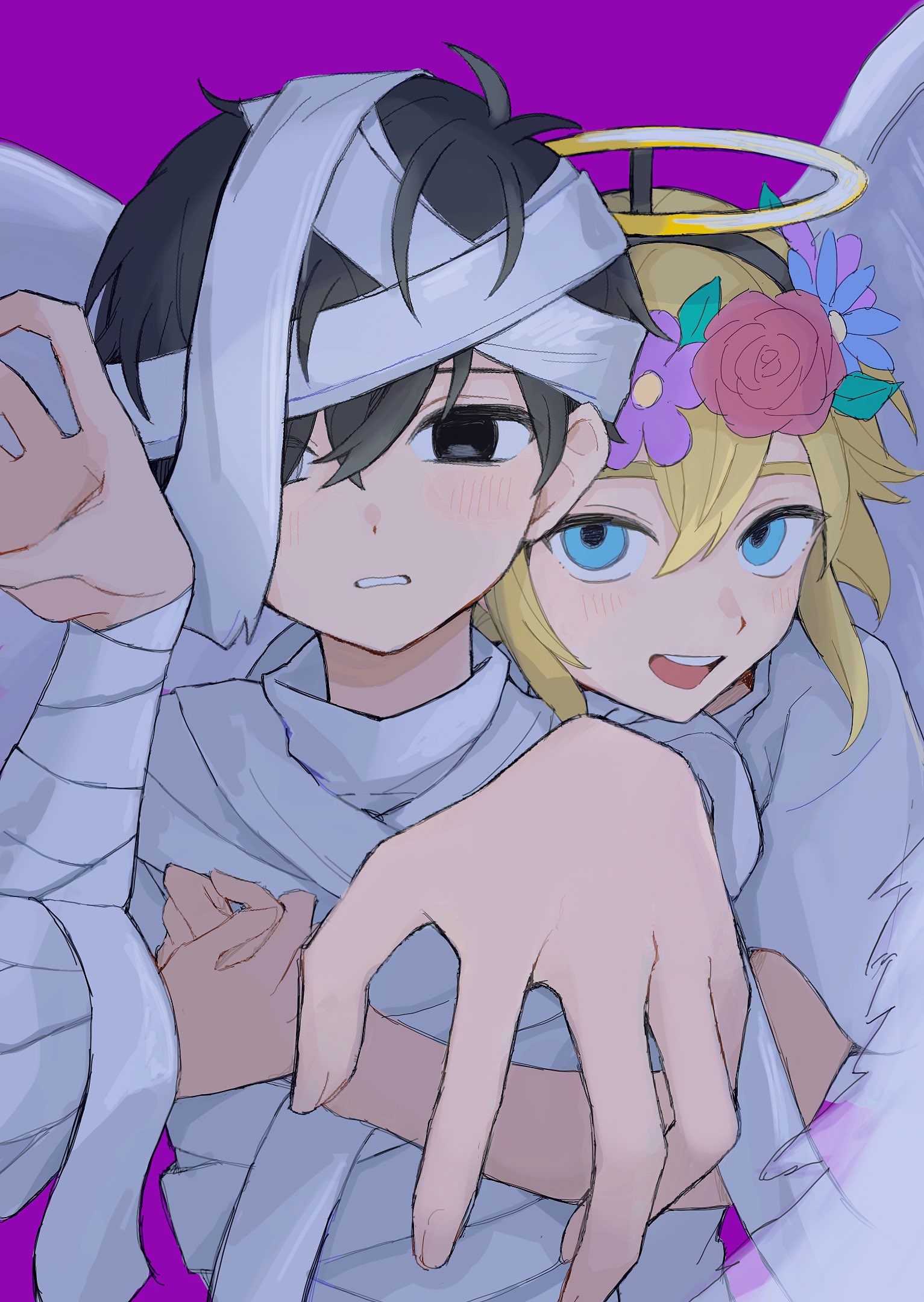 sebon (sebochin), basil (faraway) (omori), basil (omori), sunny (omori), omori, highres, revision, 2boys, angel, angel wings, antenna hair, black eyes, black hair, blonde hair, blue eyes, fake halo, fake wings, flower, halloween costume, halo, head wreath, multiple boys, mummy costume, open mouth, parted lips, short hair, smile, teeth, upper teeth only, wings