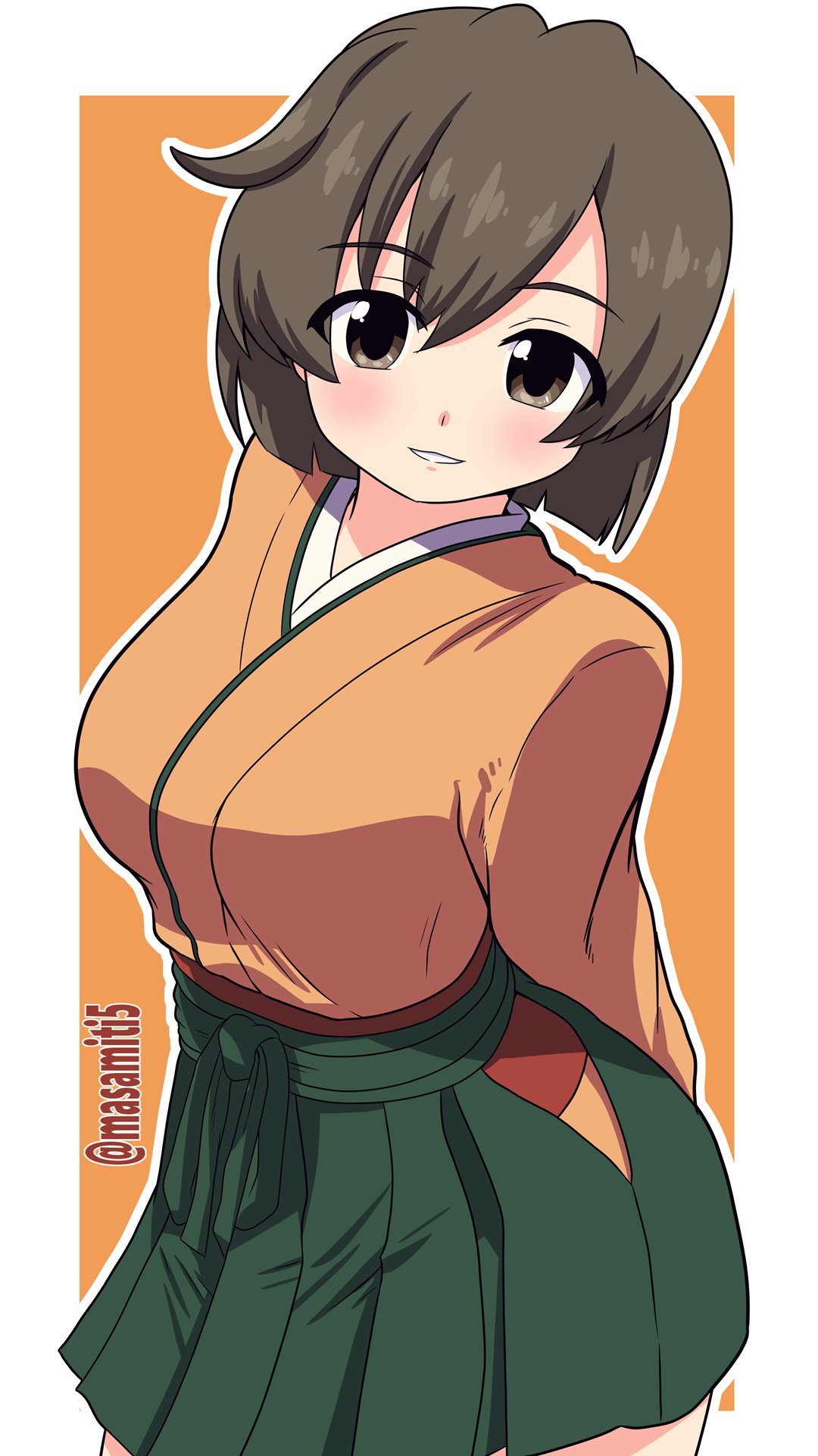 tennouji masamichi, hiryuu (kancolle), kantai collection, highres, 1girl, blush, breasts, brown eyes, brown hair, cowboy shot, green hakama, hair ribbon, hakama, hakama short skirt, hakama skirt, japanese clothes, kimono, large breasts, looking at viewer, one side up, orange background, orange kimono, ribbon, short hair, side ponytail, skirt, smile, twitter username, white background