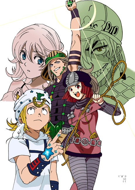 danny (sbr), diego brando, gyro zeppeli, hot pants (sbr), johnny joestar, kamina (ttgl), lucy steel, nia teppelin, scary monsters (stand), simon (ttgl), viral (ttgl), yoko littner, jojo no kimyou na bouken, steel ball run, tengen toppa gurren lagann, source request, 2girls, 3boys, beanie, blonde hair, grey hair, hat, kamina pose, lasso, mouse (animal), multiple boys, multiple girls, pantyhose, parody, pointing, pointing up, red eyes, red hair, short shorts, shorts, stand (jojo), star (symbol)