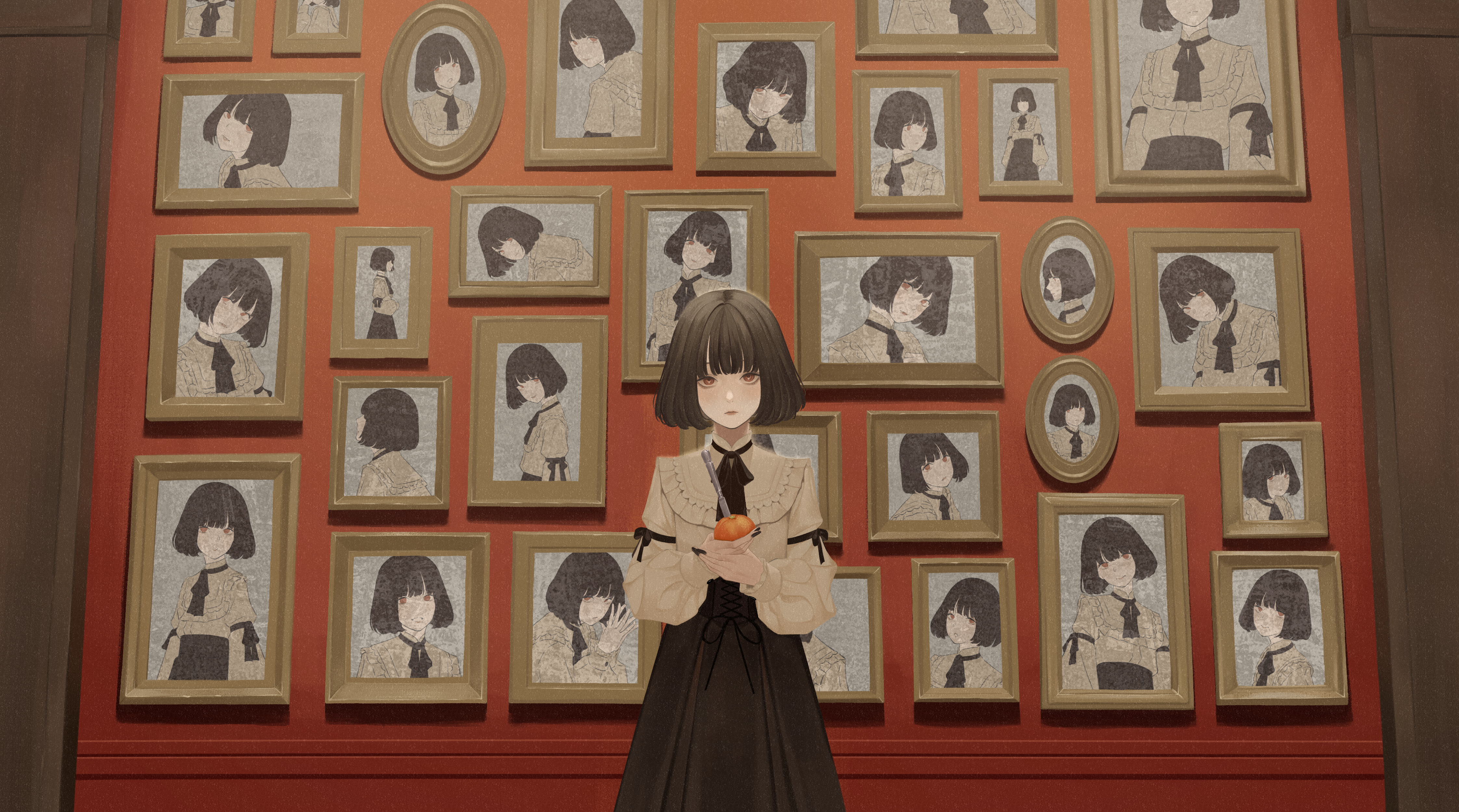 zudxpnz, cevio, original, absurdres, highres, 1girl, black hair, bob cut, expressionless, food, fruit, knife, looking at viewer, multiple views, orange (fruit), photo (object), portrait (object), red eyes, short hair, skirt