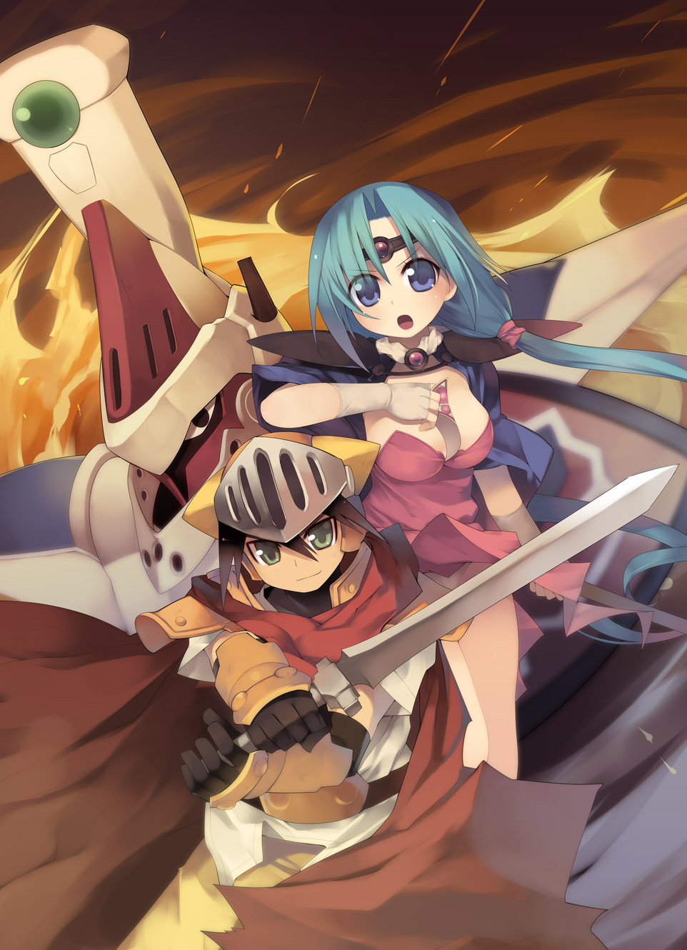 kashiwamochi yomogi, adeu warsam, paffy pafuricia, zephyr, haou taikei ryuu knight, bad id, bad pixiv id, highres, 1990s (style), 1boy, 1girl, armor, blue eyes, blue hair, breasts, cape, cleavage, large breasts, long hair, mecha, retro artstyle, robot, sword, weapon