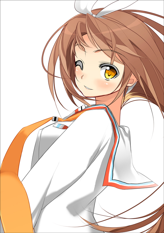 char, original, 1girl, blush, brown hair, female focus, long hair, necktie, one eye closed, orange eyes, solo, wink
