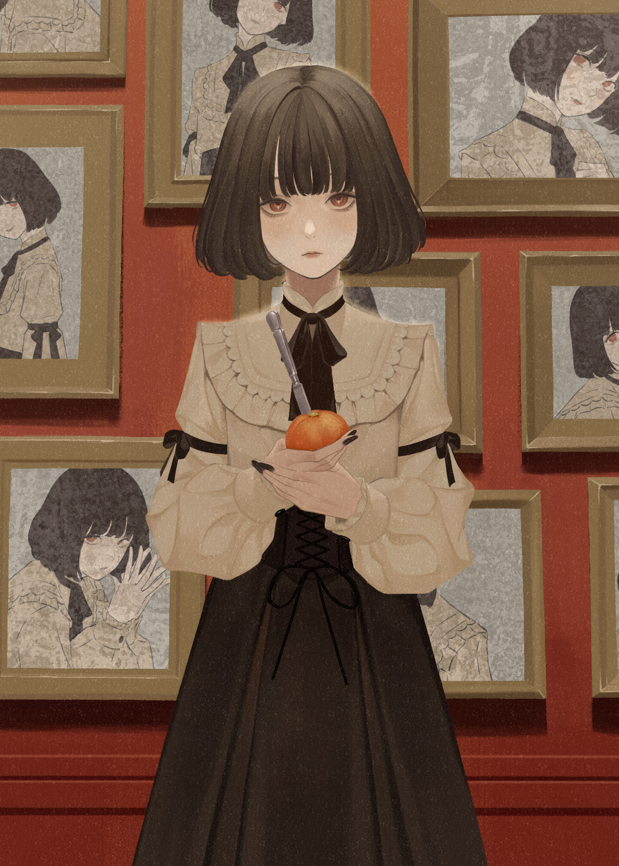 zudxpnz, cevio, original, highres, 1girl, black hair, bob cut, expressionless, food, fruit, knife, looking at viewer, multiple views, orange (fruit), photo (object), portrait (object), red eyes, short hair, skirt