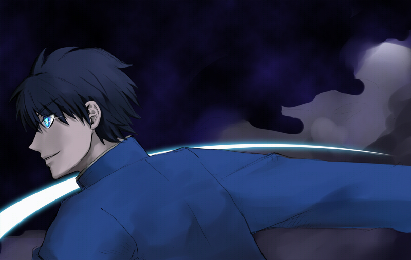 nanaya shiki, tohno shiki, tsukihime, 00s, glowing, glowing eyes, knife, male focus, school uniform, solo